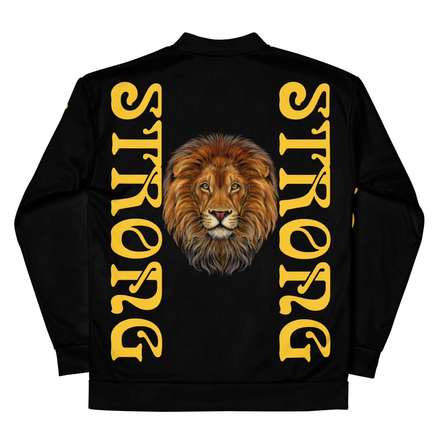 “STRONG”Black Unisex Bomber Jacket W/Double-Sided Yellow Font