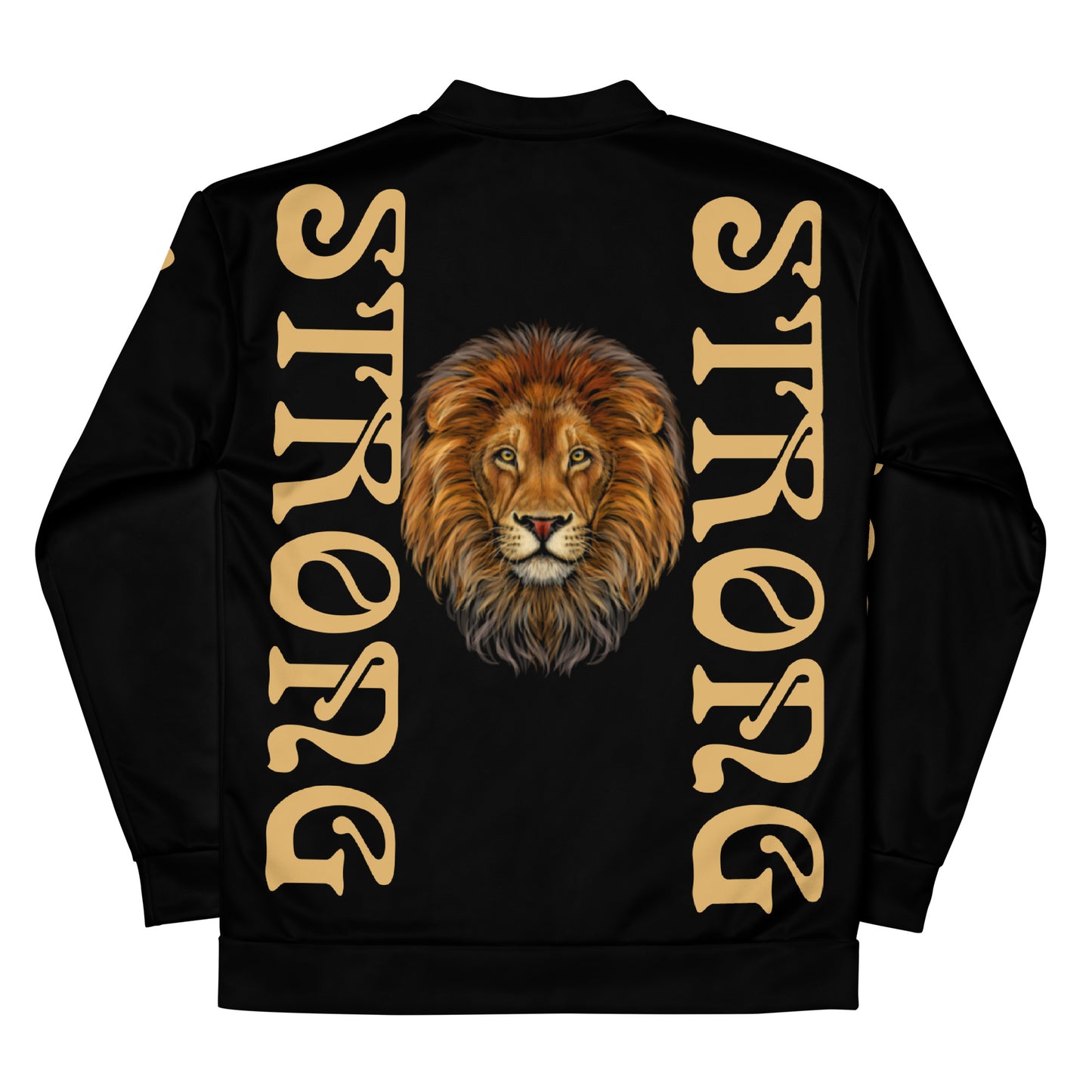 “STRONG”Black Unisex Bomber Jacket W/Double-Sided Fawn Font