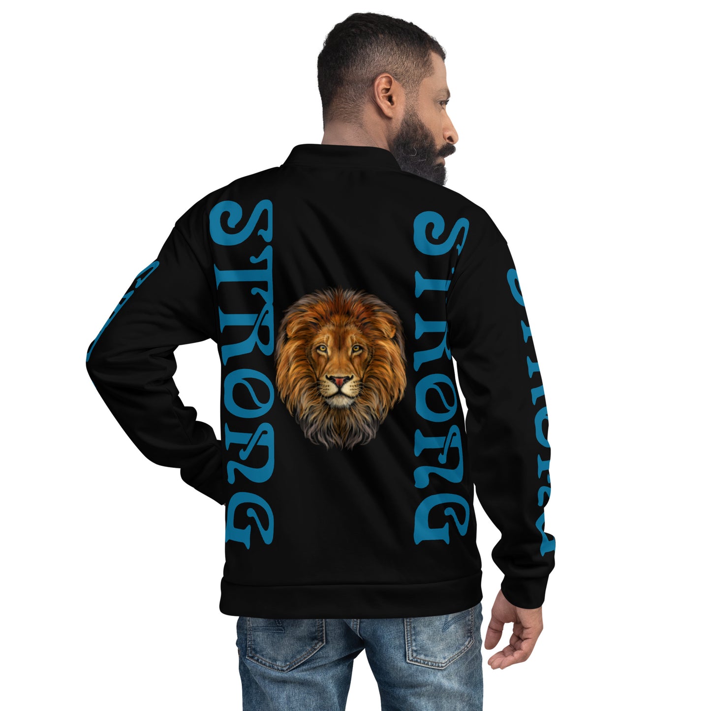 “STRONG”Black Unisex Bomber Jacket W/Cerulean Font