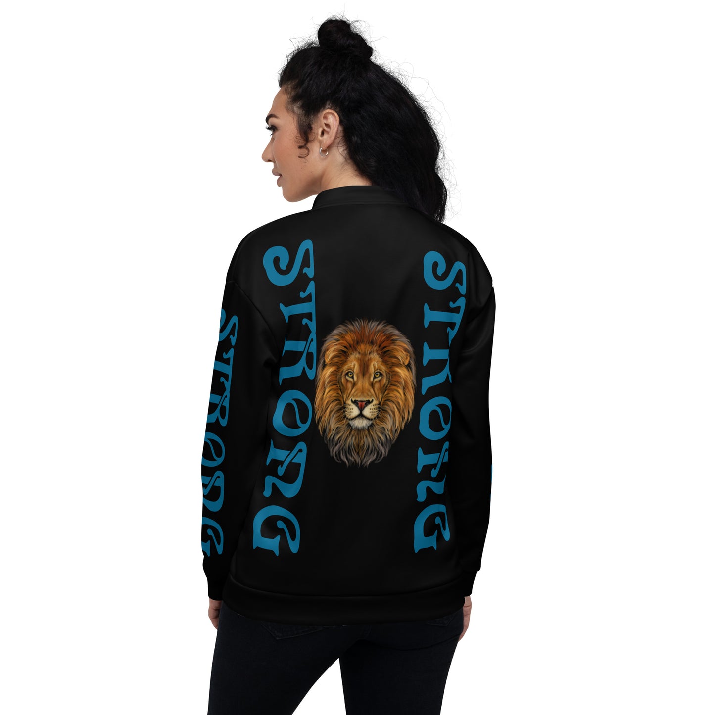 “STRONG”Black Unisex Bomber Jacket W/Cerulean Font