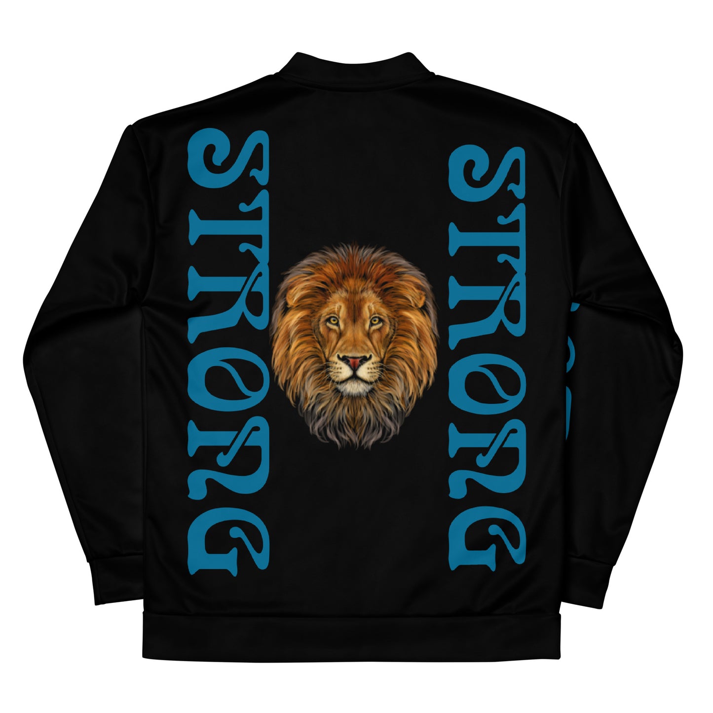 “STRONG”Black Unisex Bomber Jacket W/Cerulean Font