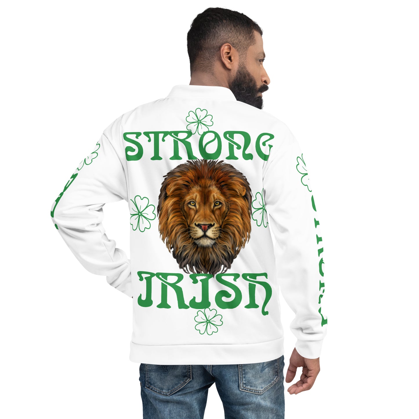 “STRONG IRISH”White Unisex Bomber Jacket W/Green Font