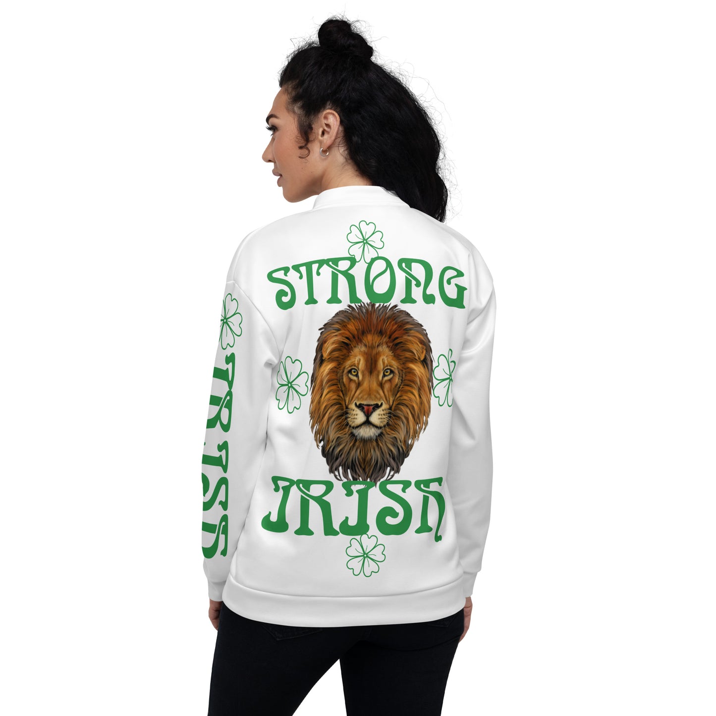 “STRONG IRISH”White Unisex Bomber Jacket W/Green Font