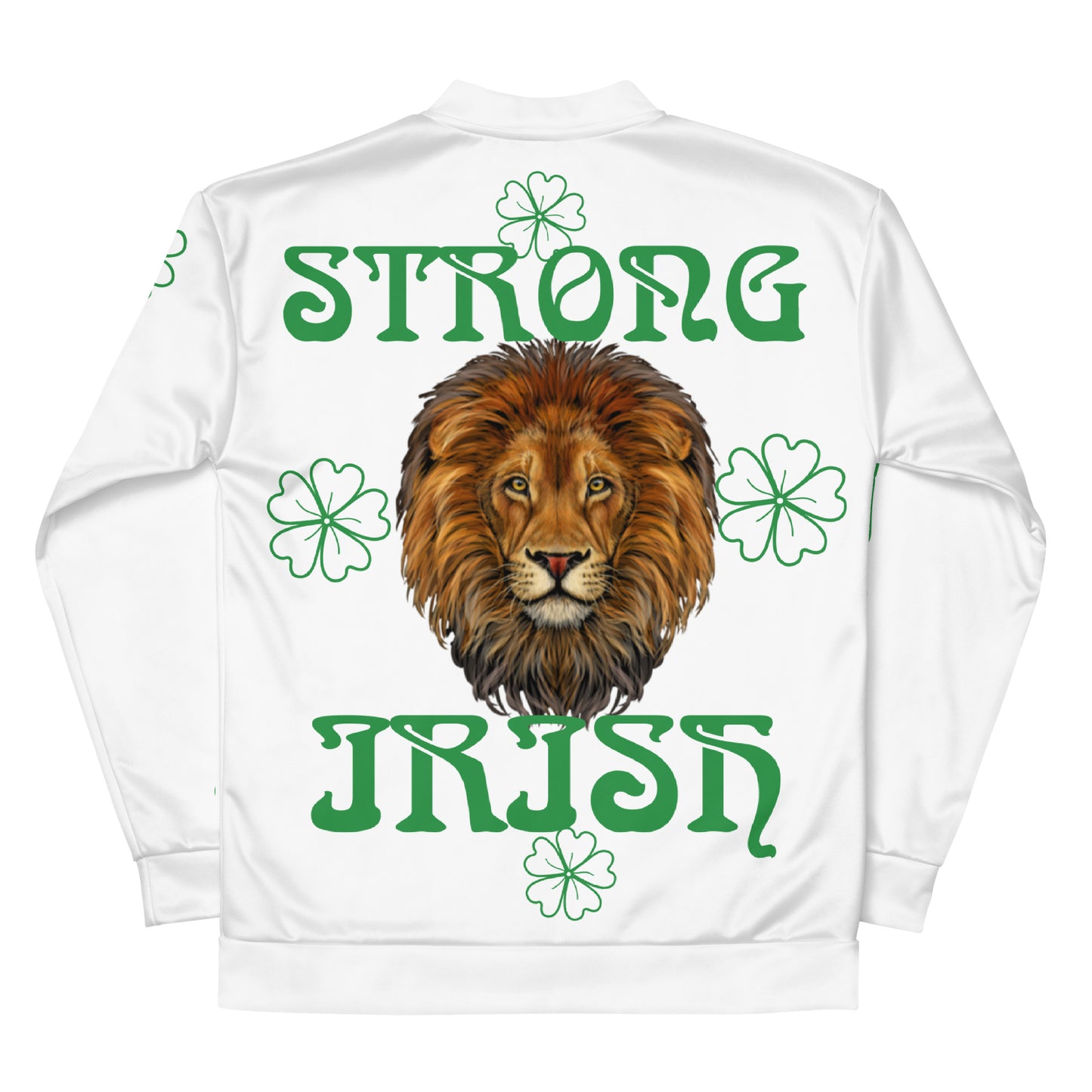 “STRONG IRISH”White Unisex Bomber Jacket W/Green Font