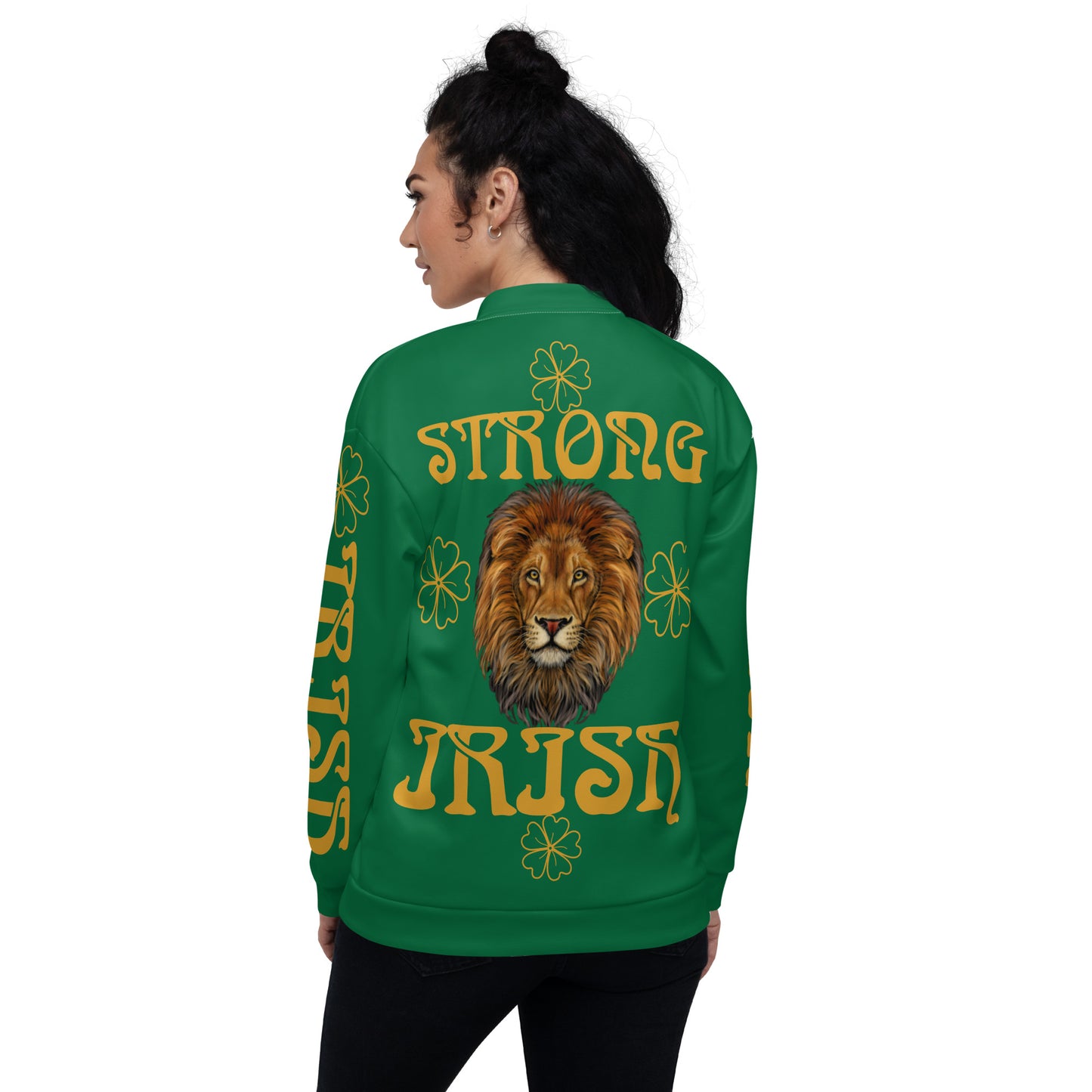 “STRONG IRISH” Green Unisex Bomber Jacket W/Bronze Font