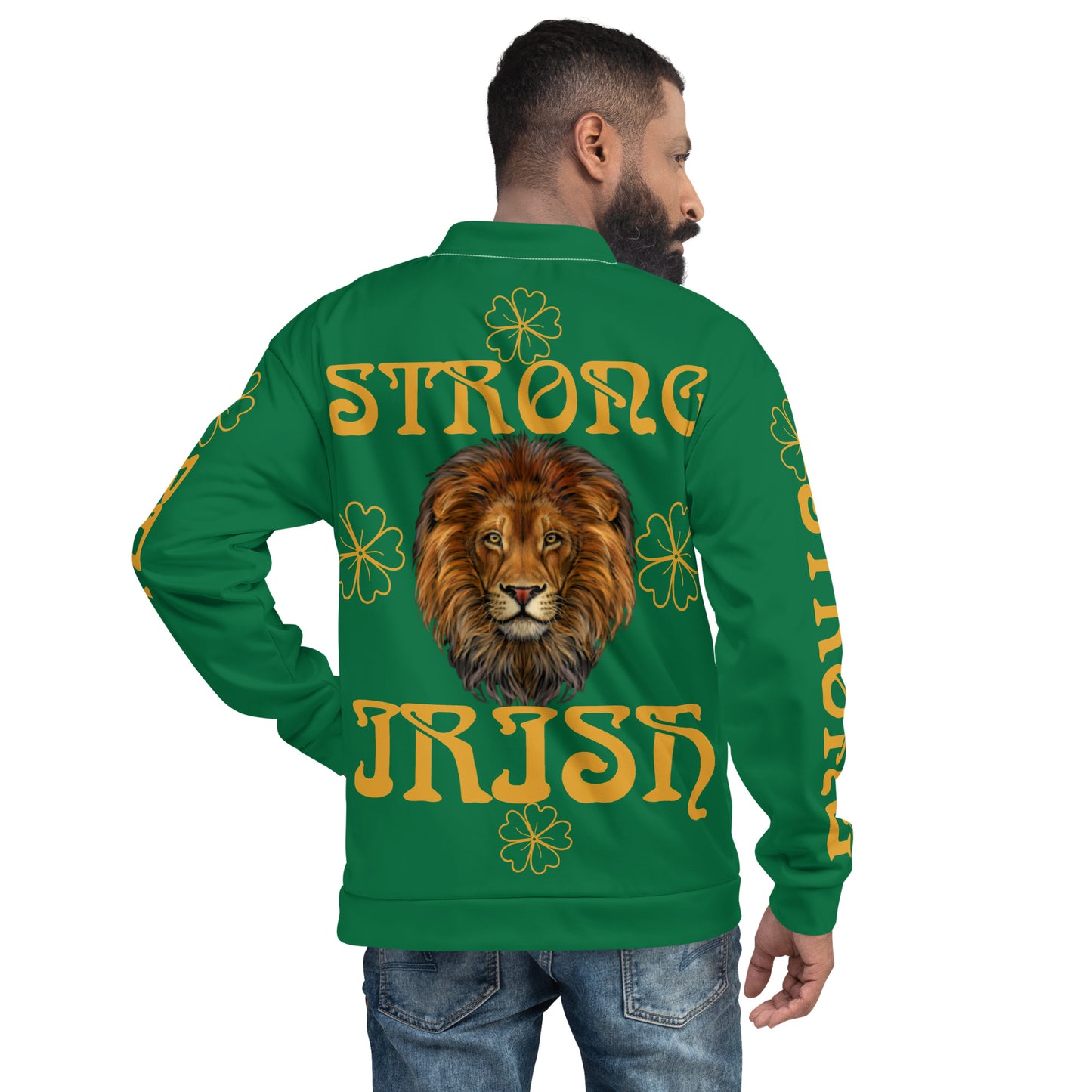 “STRONG IRISH” Green Unisex Bomber Jacket W/Bronze Font