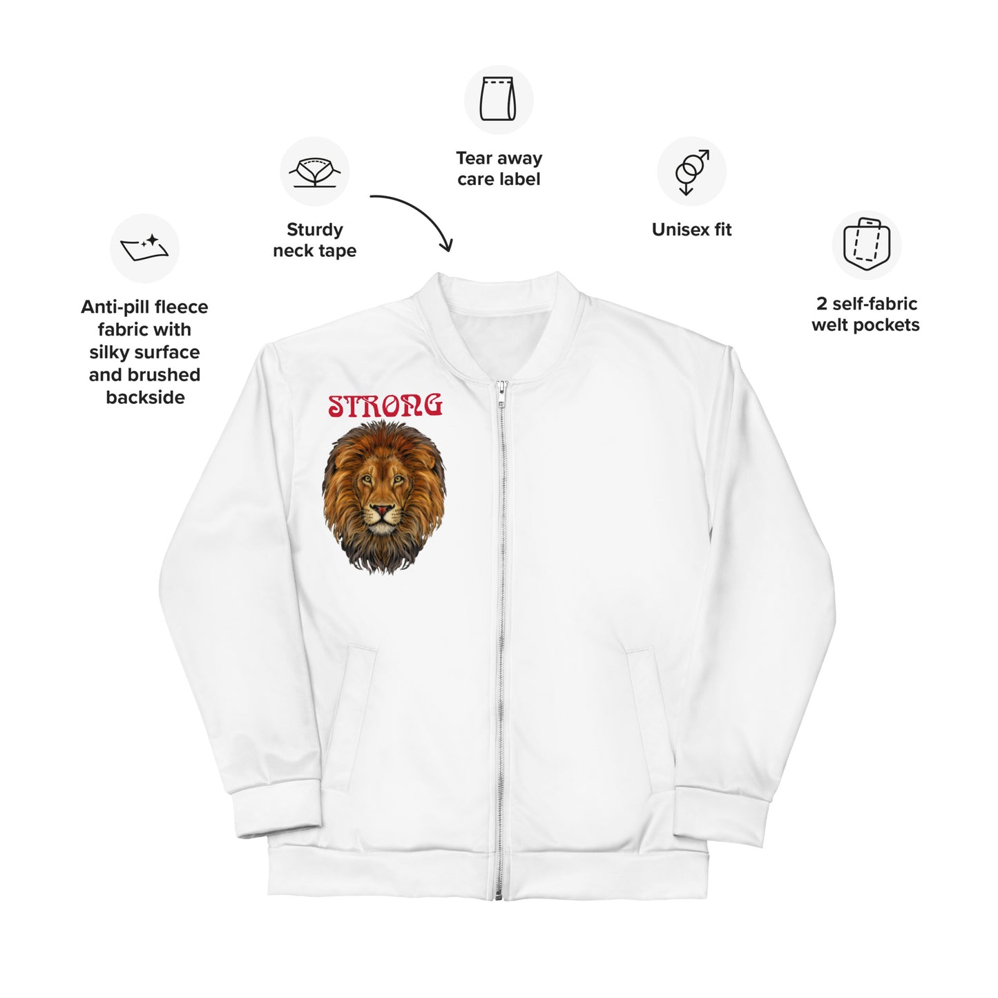"STRONG"White Unisex Bomber Jacket W/Red Font