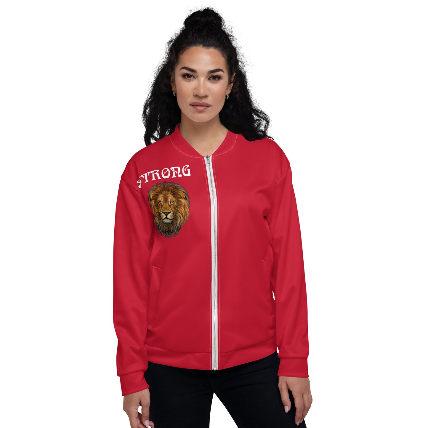 "STRONG"Red Unisex Bomber Jacket W/White Font