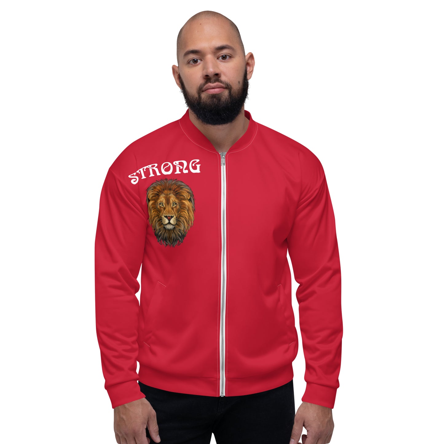 "STRONG"Red Unisex Bomber Jacket W/White Font
