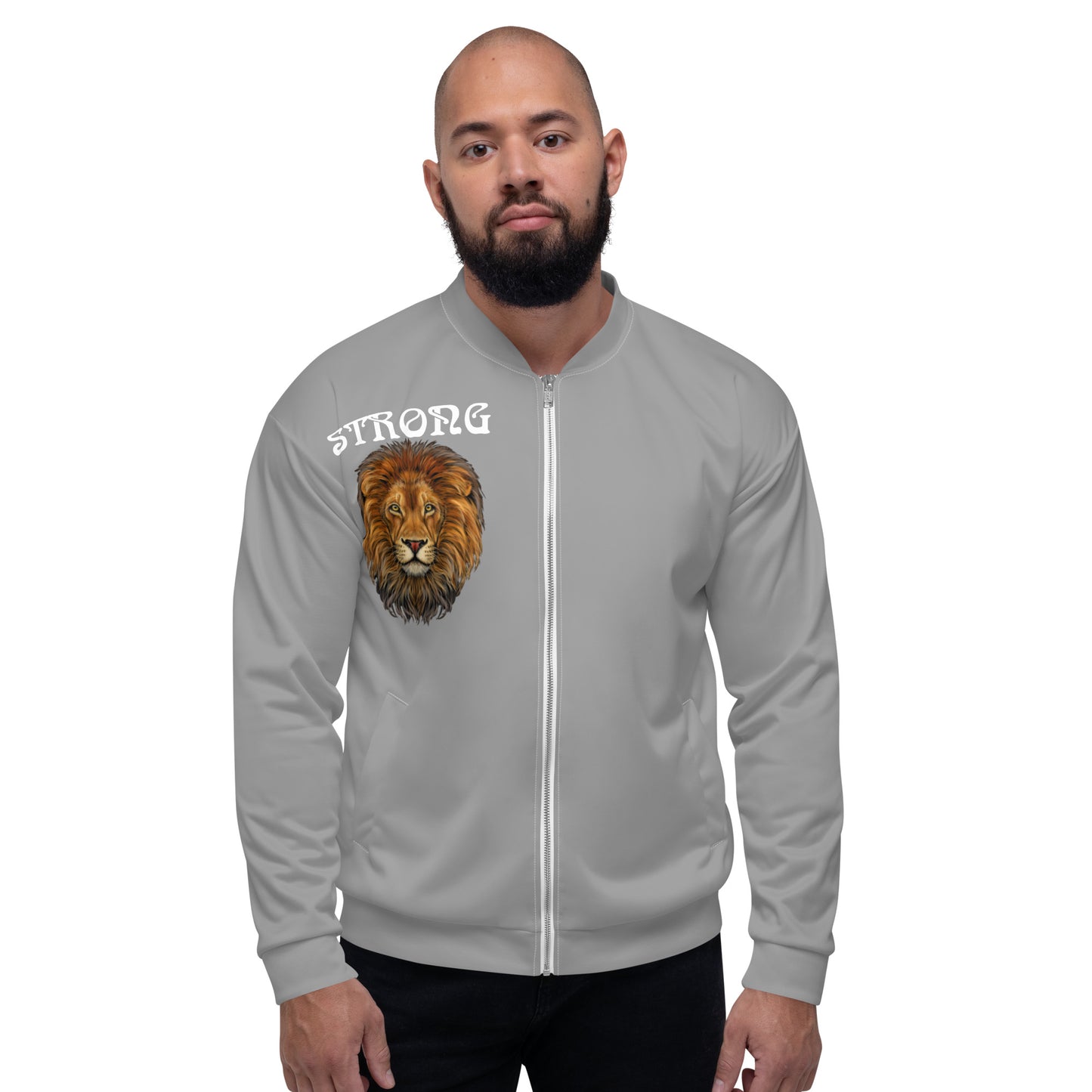 "STRONG"Grey Unisex Bomber Jacket W/White Font