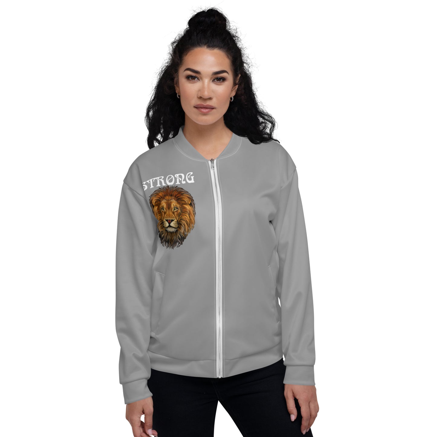 "STRONG"Grey Unisex Bomber Jacket W/White Font