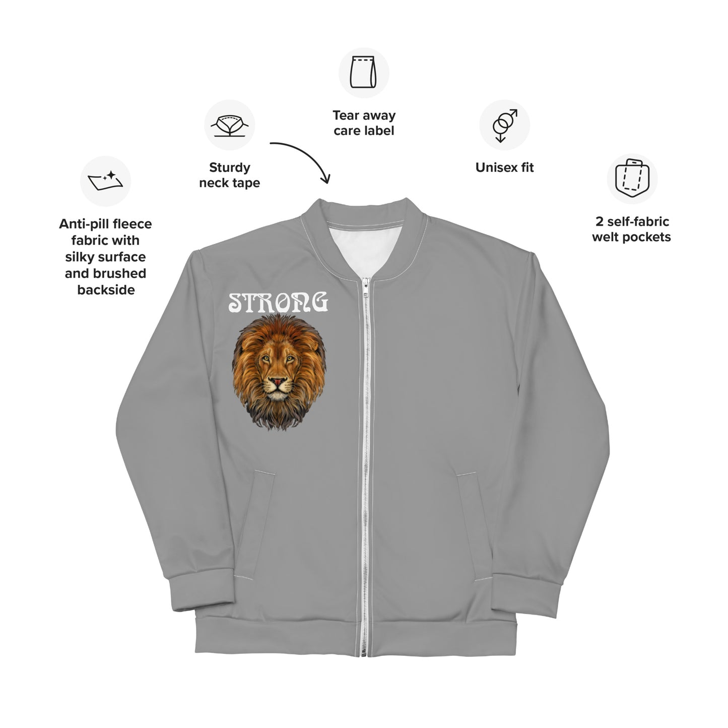 "STRONG"Grey Unisex Bomber Jacket W/White Font