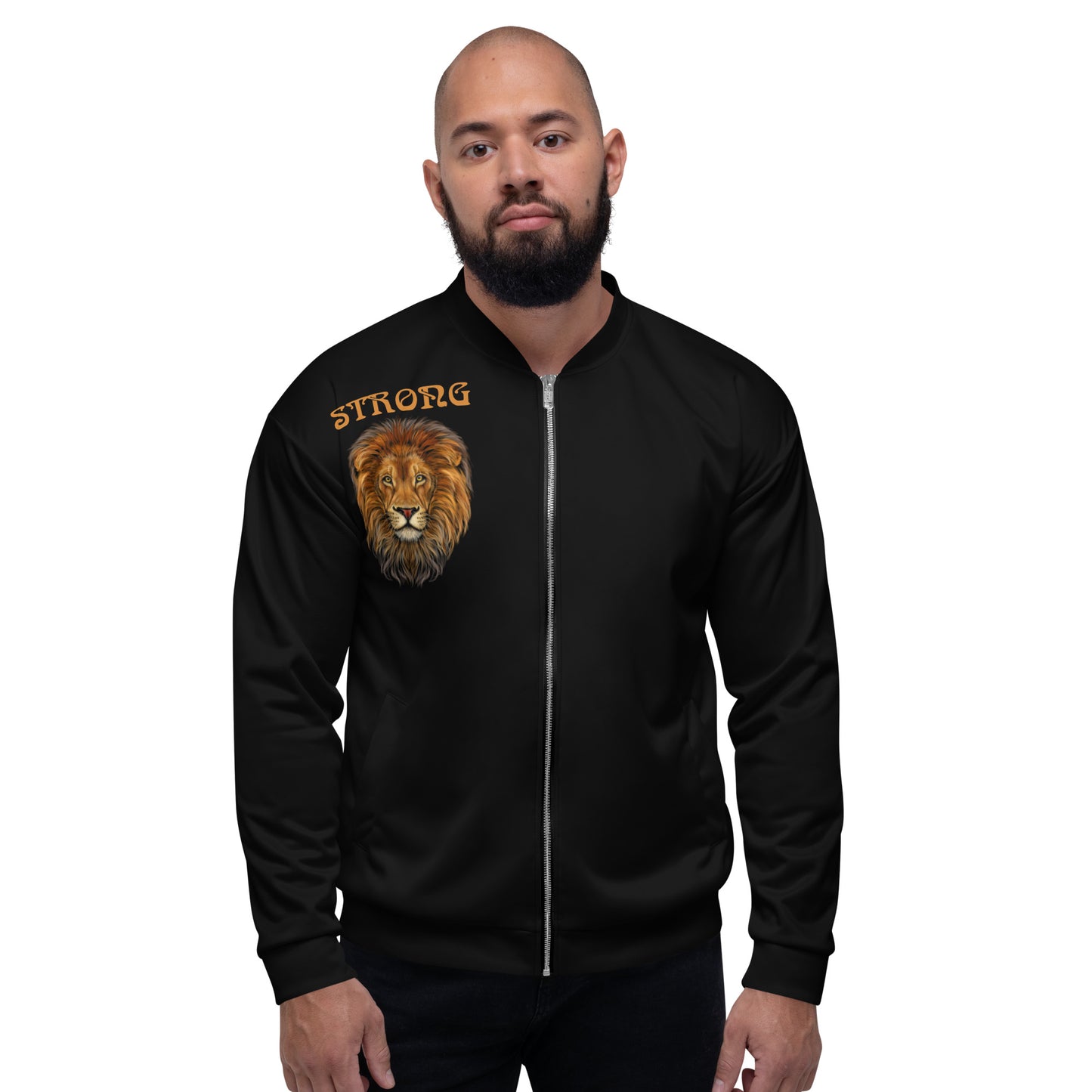 "STRONG"Black Unisex Bomber Jacket W/Bronze Font