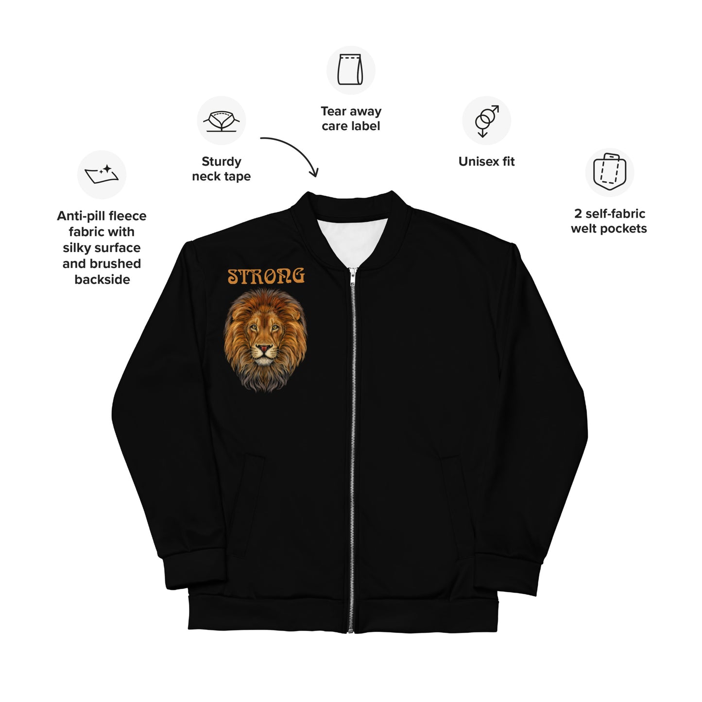 "STRONG"Black Unisex Bomber Jacket W/Bronze Font