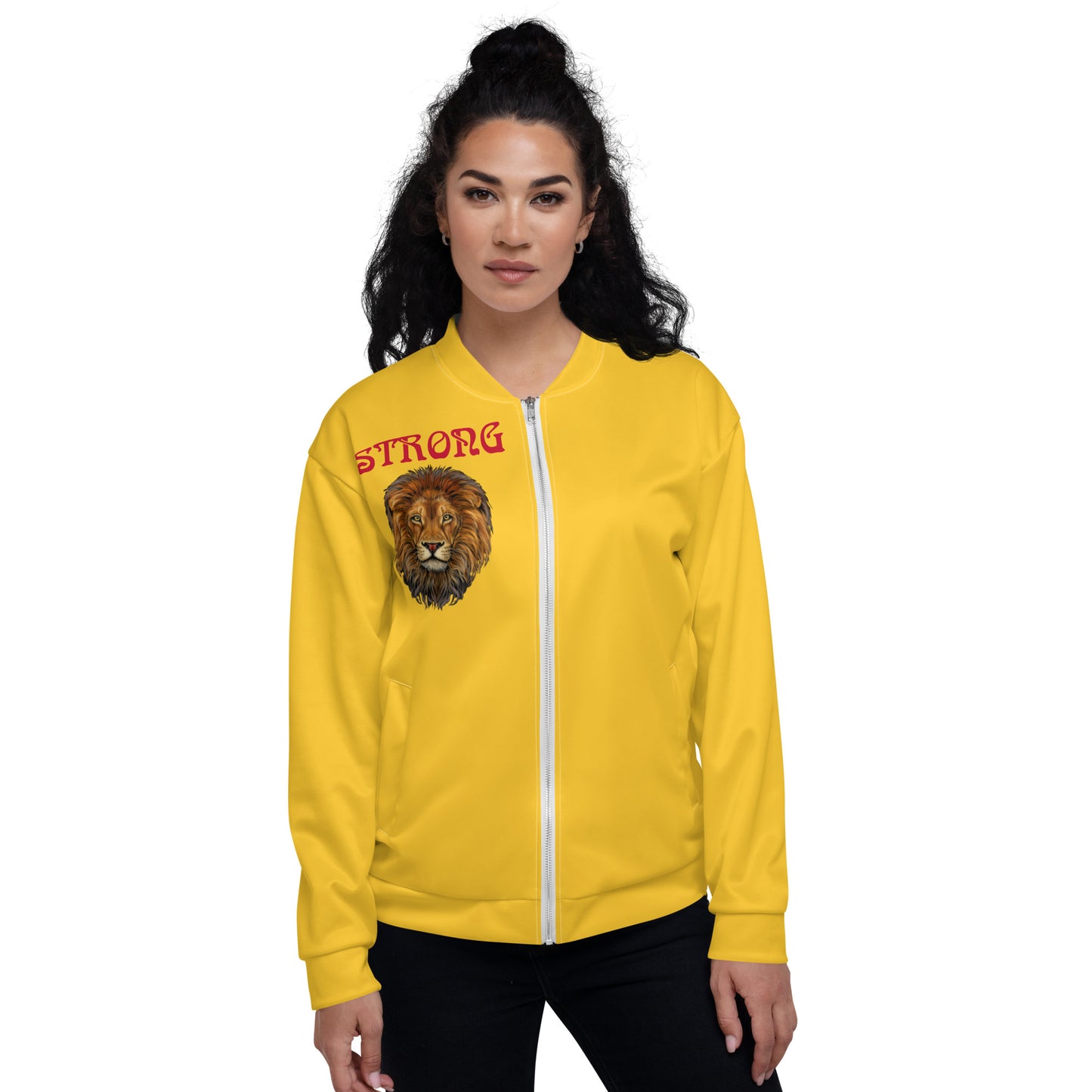 "STRONG"Yellow Unisex Bomber Jacket W/Red Font