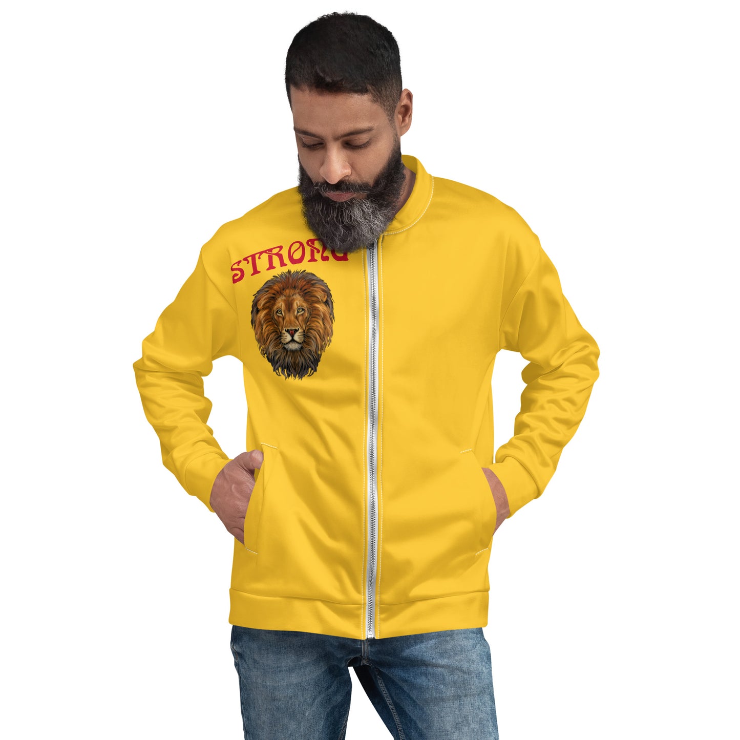 "STRONG"Yellow Unisex Bomber Jacket W/Red Font