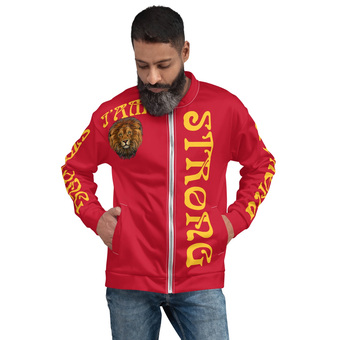 “I’AM STRONG”Red Unisex Bomber Jacket W/Yellow Font