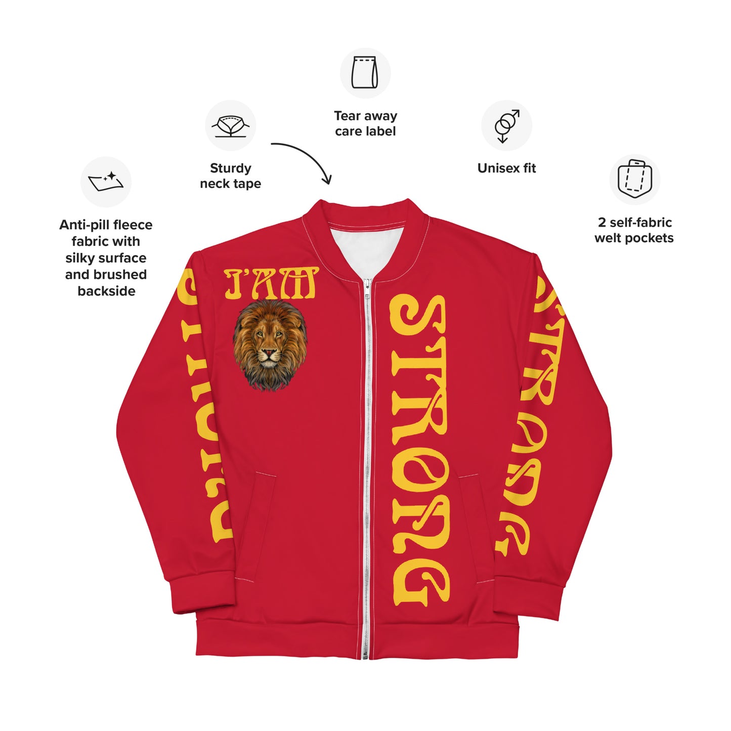“I’AM STRONG”Red Unisex Bomber Jacket W/Yellow Font