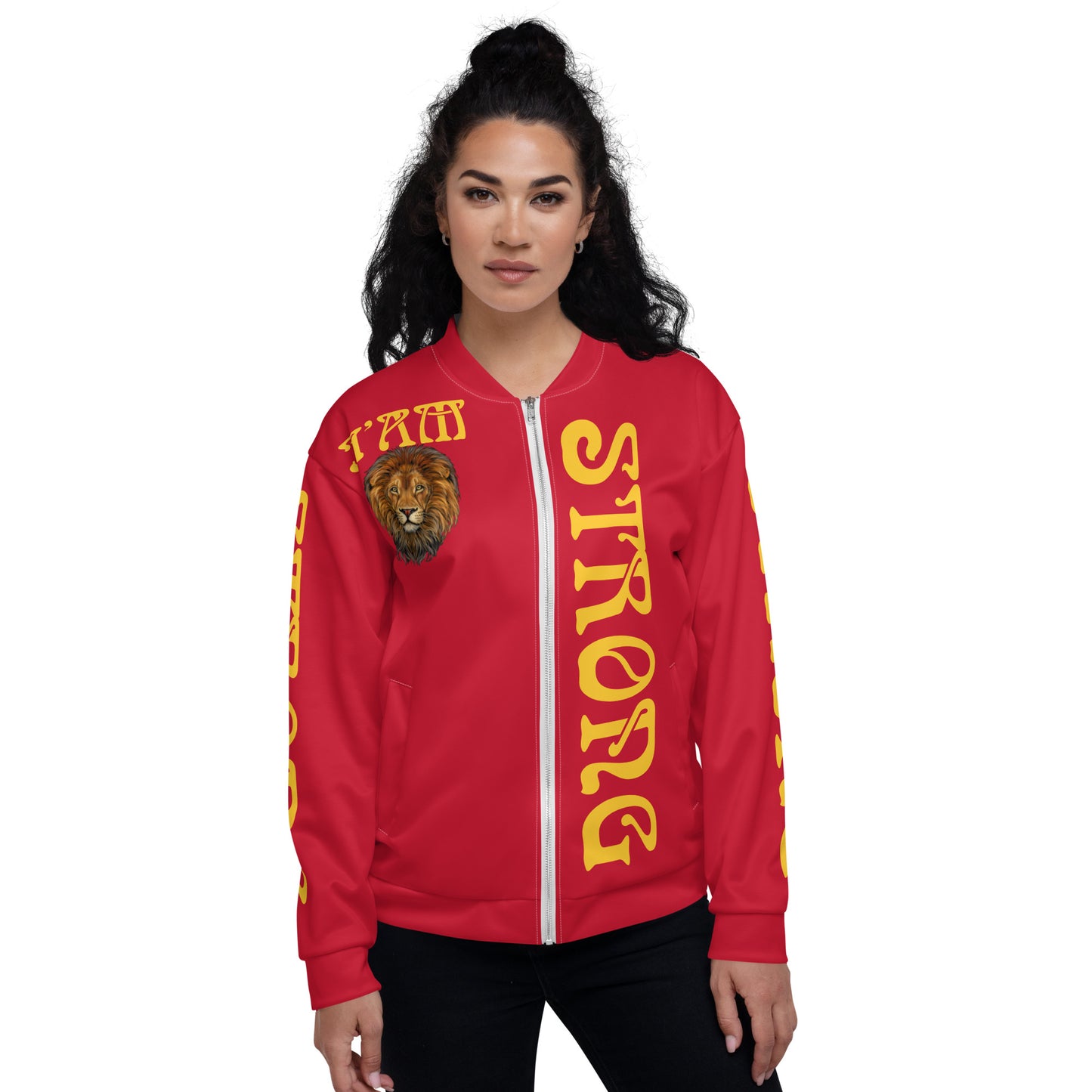 “I’AM STRONG”Red Unisex Bomber Jacket W/Yellow Font