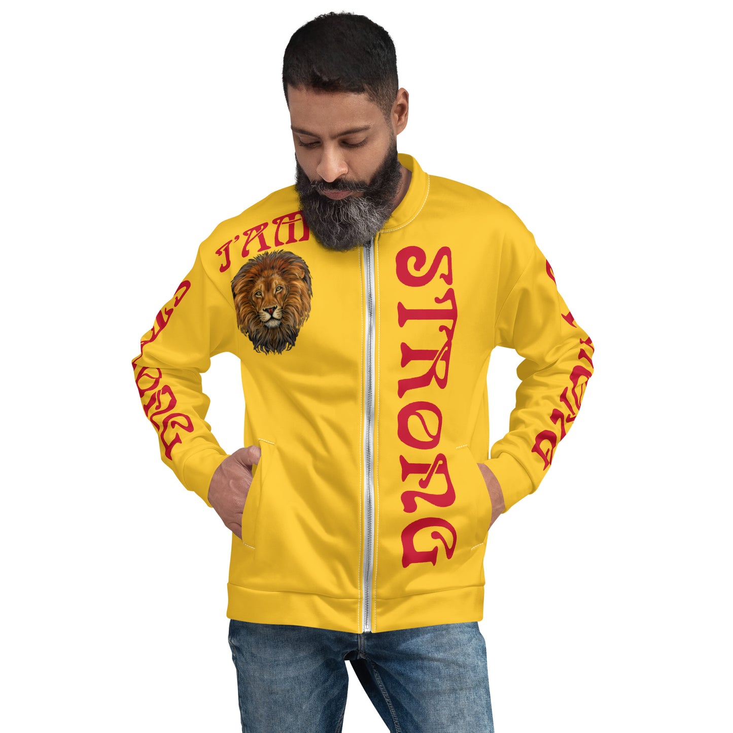 “I’AM STRONG”Yellow Unisex Bomber Jacket W/Red Font