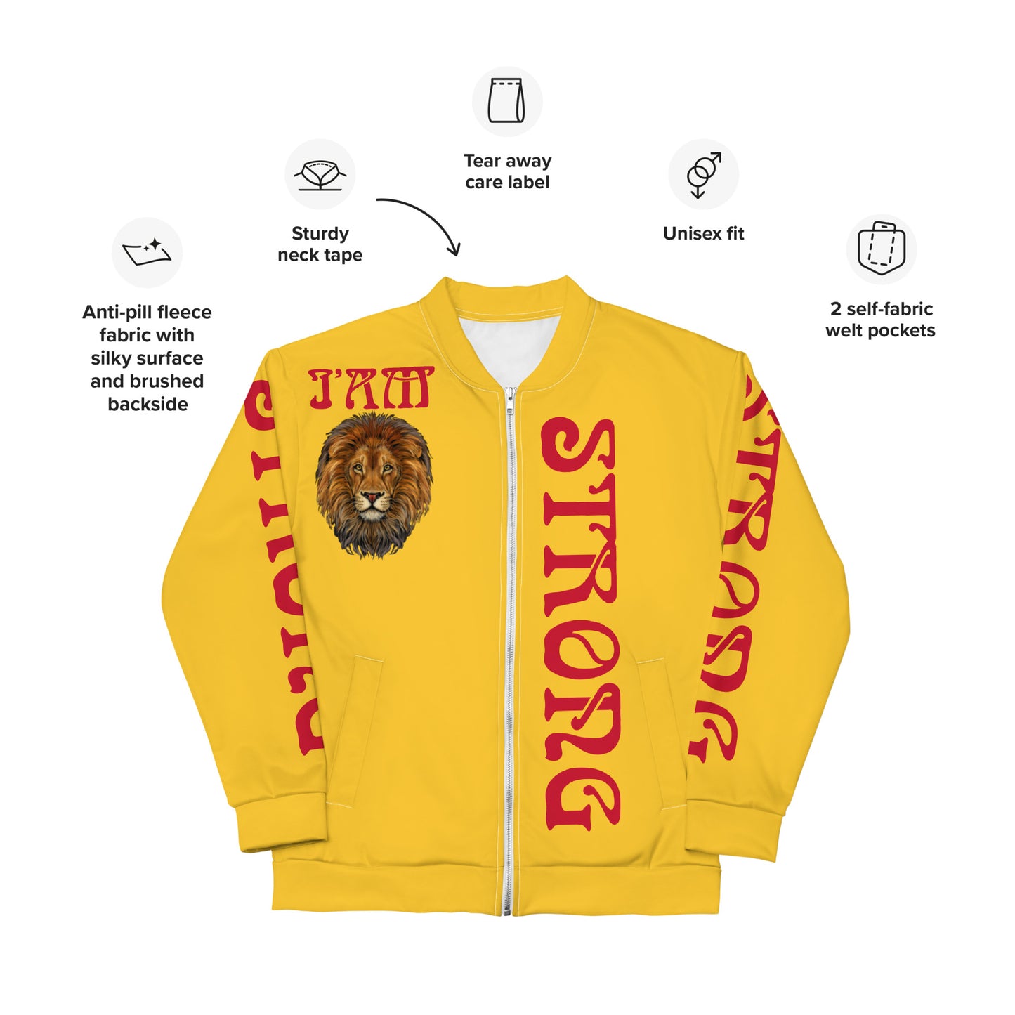 “I’AM STRONG”Yellow Unisex Bomber Jacket W/Red Font