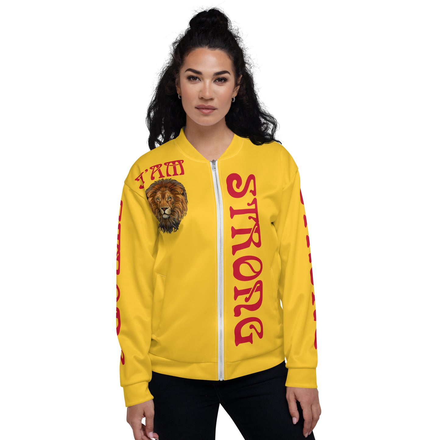 “I’AM STRONG”Yellow Unisex Bomber Jacket W/Red Font