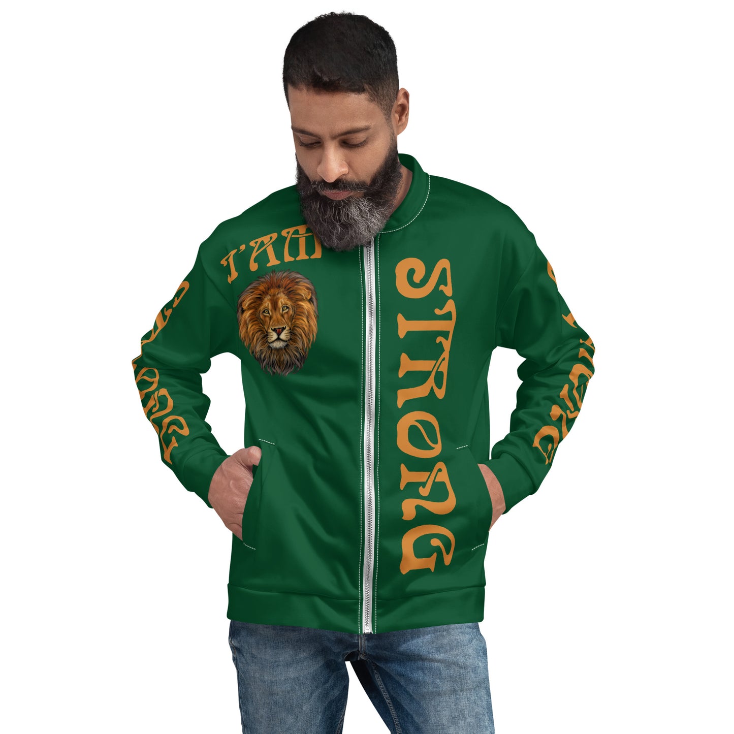 “I’AM STRONG”Green Unisex Bomber Jacket W/Bronze Font