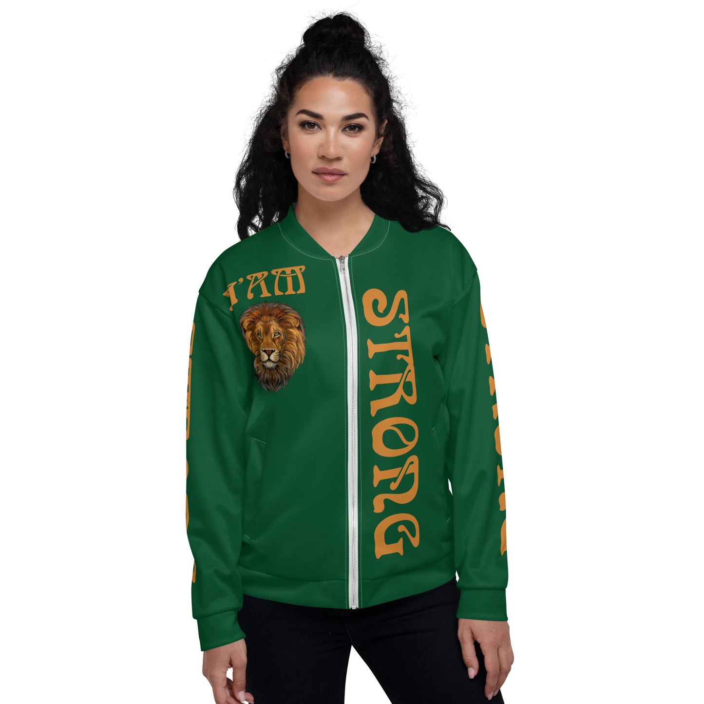 “I’AM STRONG”Green Unisex Bomber Jacket W/Bronze Font
