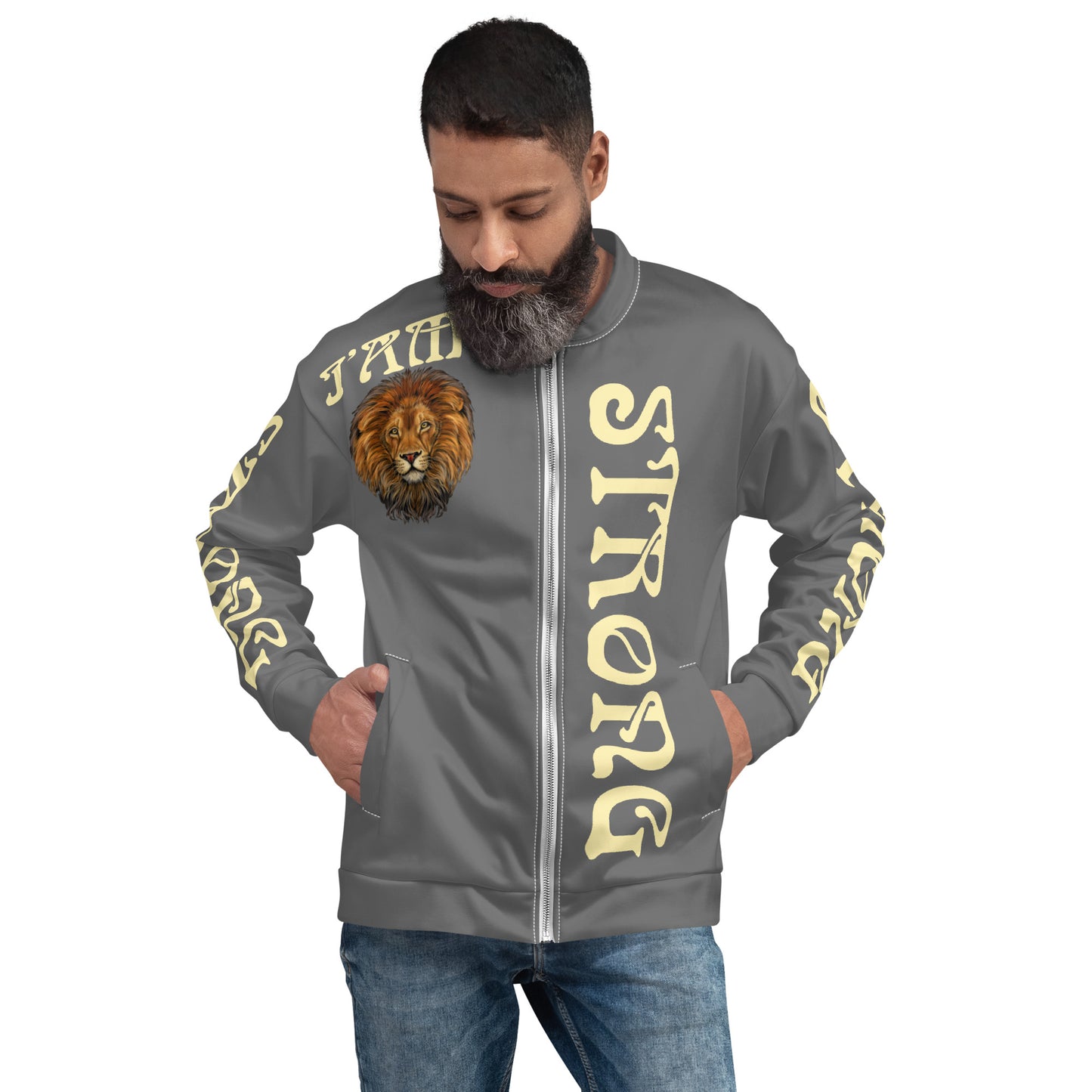 “I’AM STRONG”Grey Unisex Bomber Jacket W/Banana Font