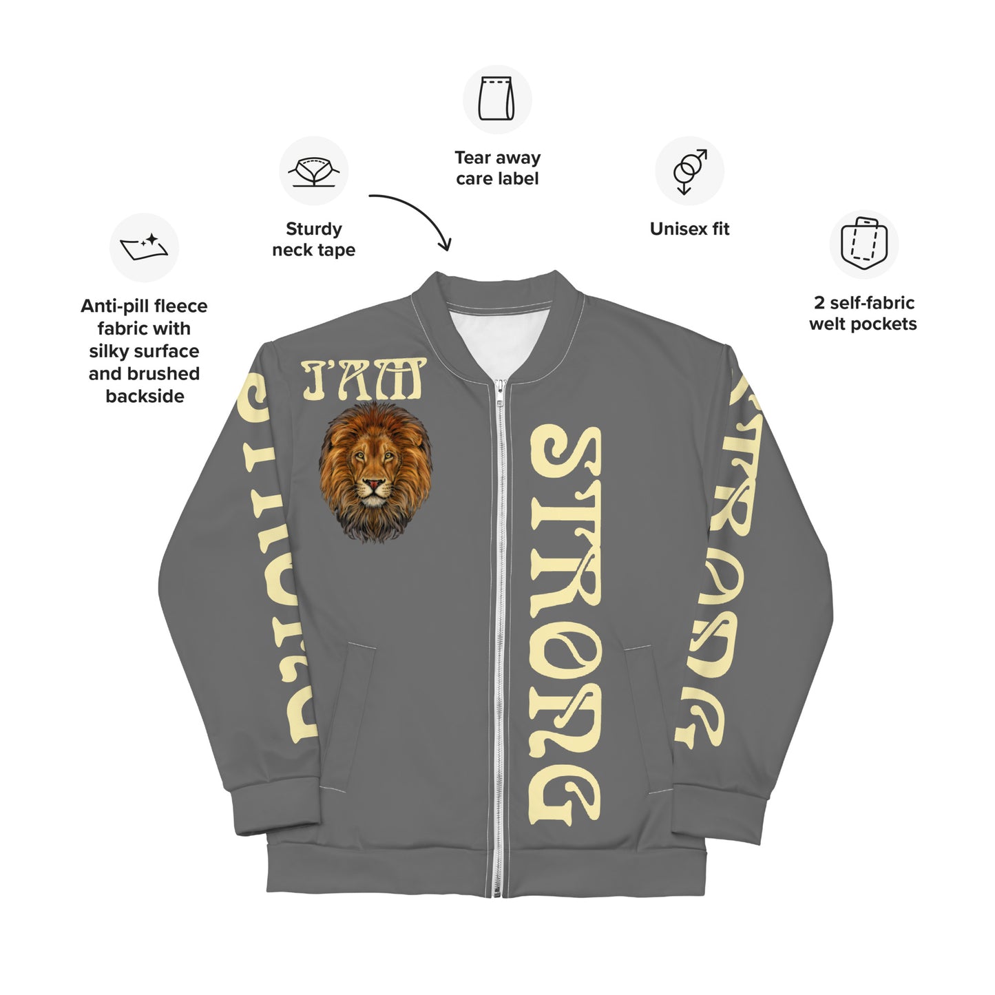 “I’AM STRONG”Grey Unisex Bomber Jacket W/Banana Font