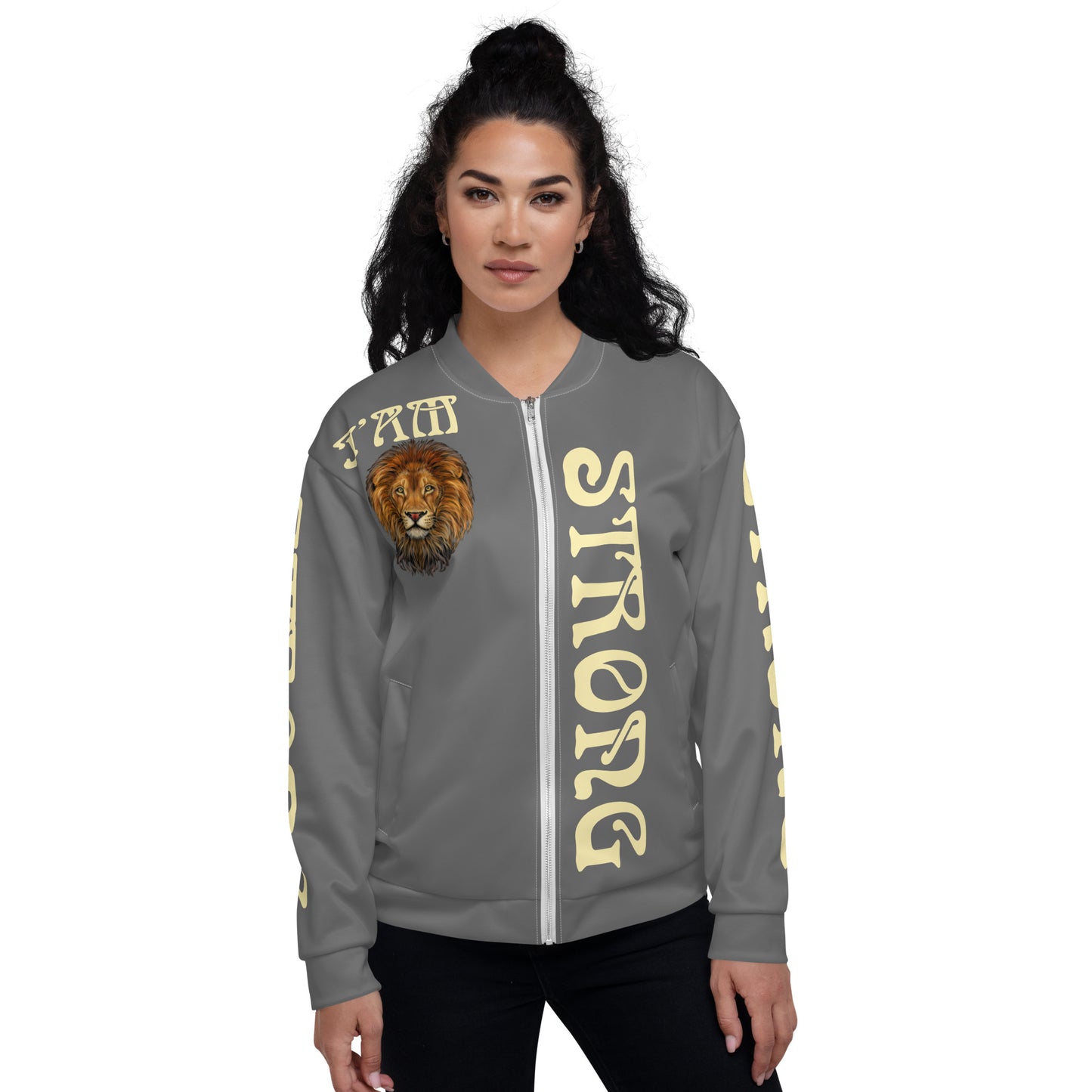 “I’AM STRONG”Grey Unisex Bomber Jacket W/Banana Font