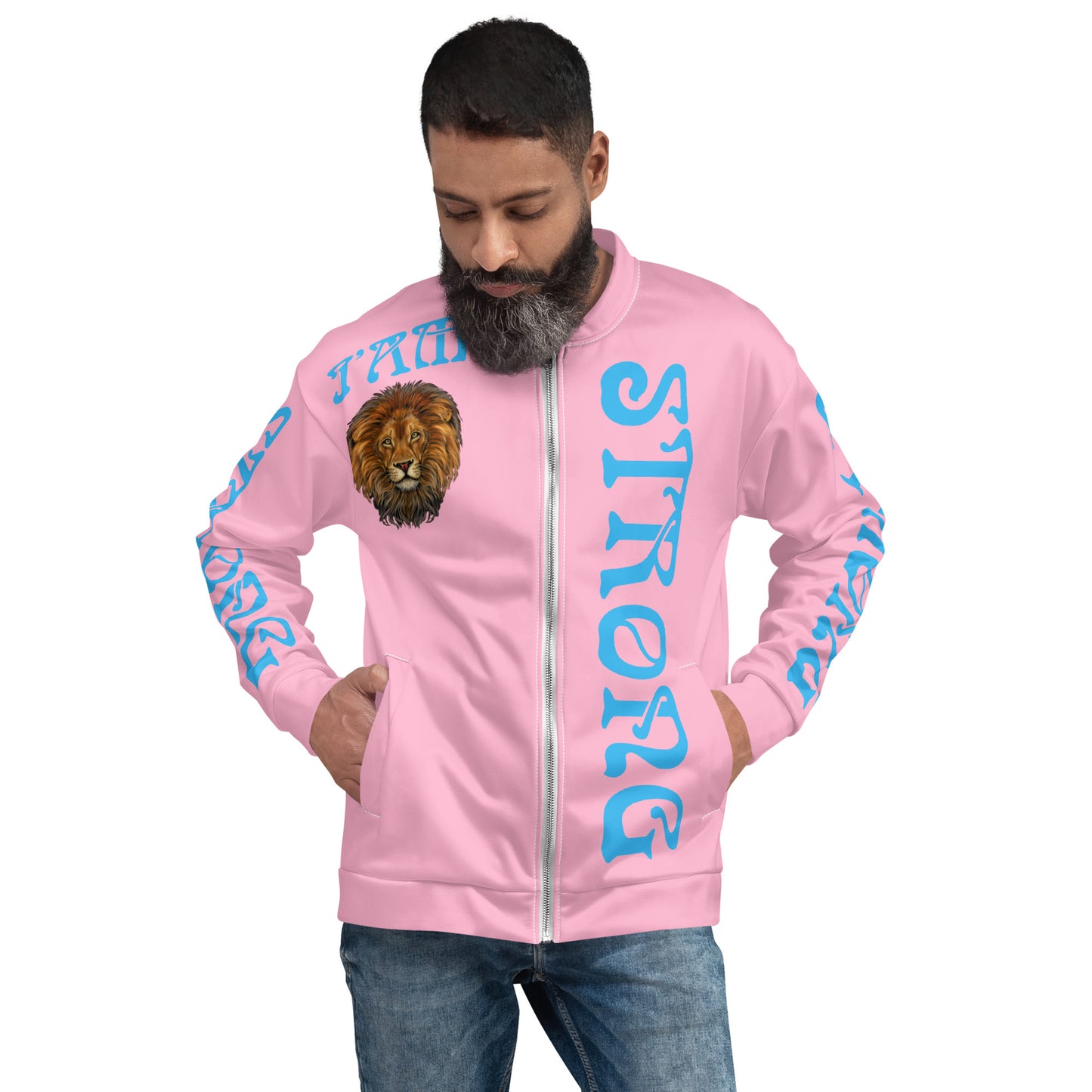 “I”AM STRONG”Cotton Candy Unisex Bomber Jacket W/SkyBlue Font