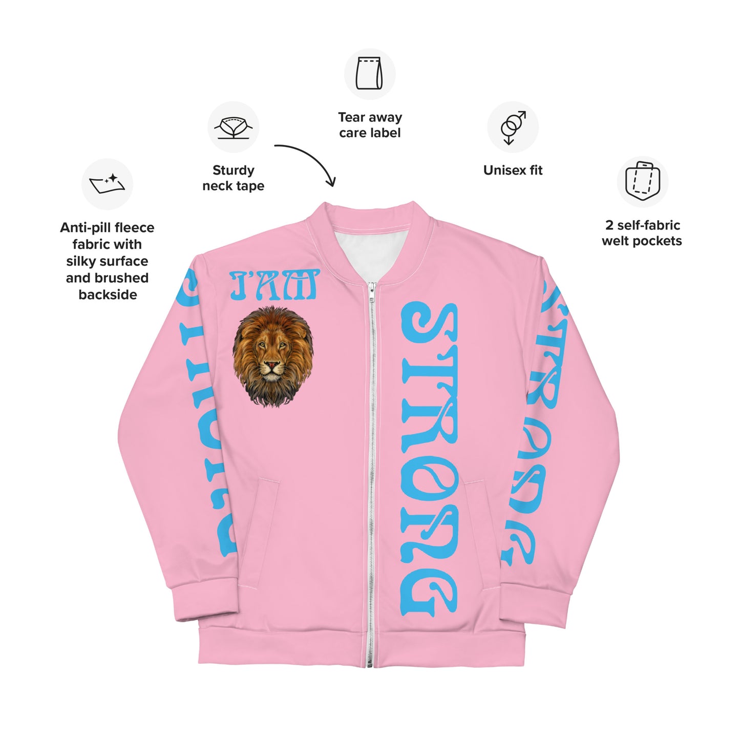 “I”AM STRONG”Cotton Candy Unisex Bomber Jacket W/SkyBlue Font