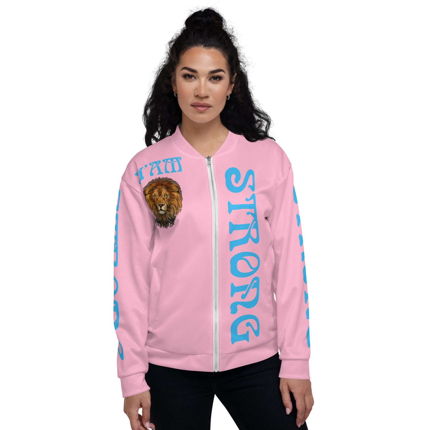 “I”AM STRONG”Cotton Candy Unisex Bomber Jacket W/SkyBlue Font