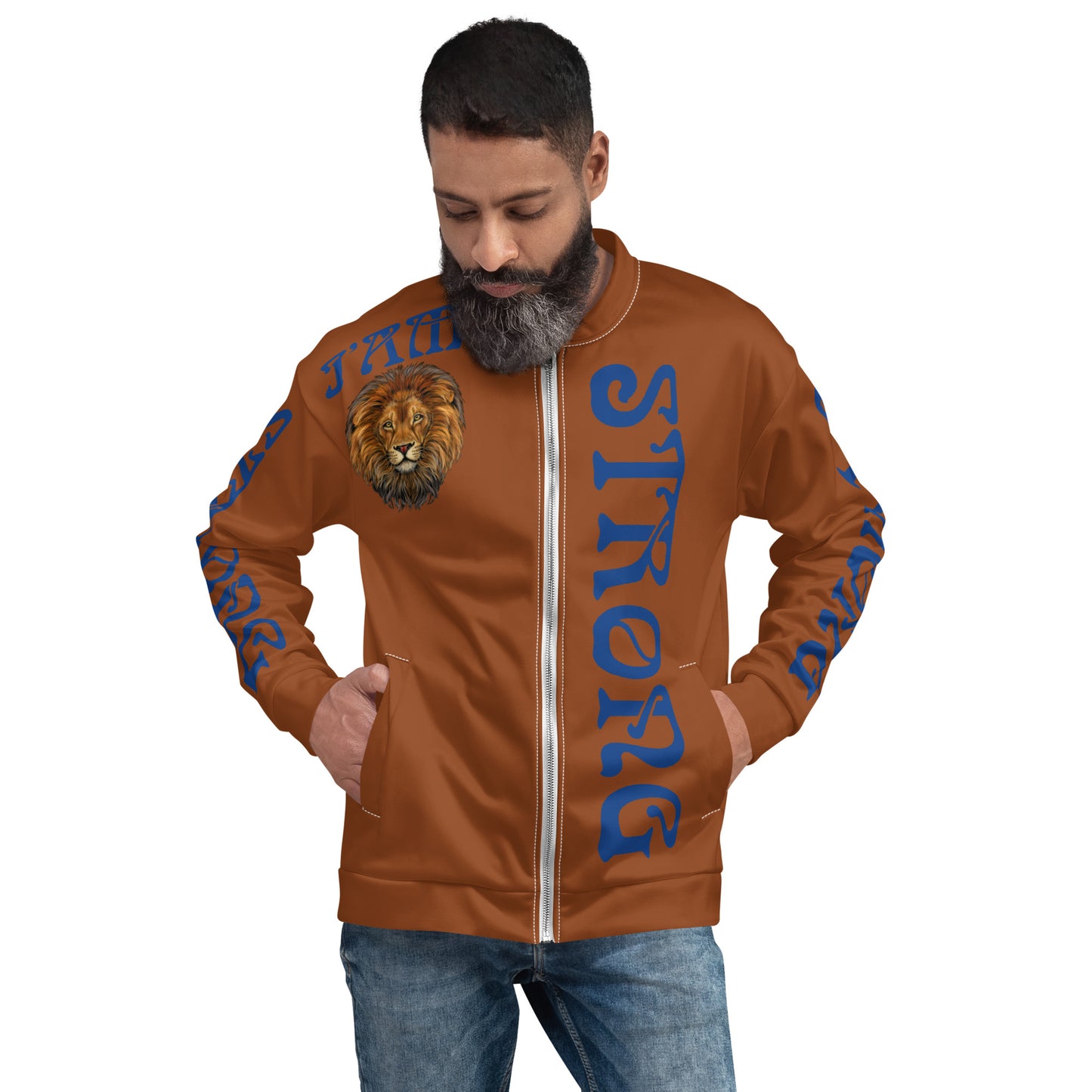 “I”AM STRONG”Brown Unisex Bomber Jacket W/Blue Font