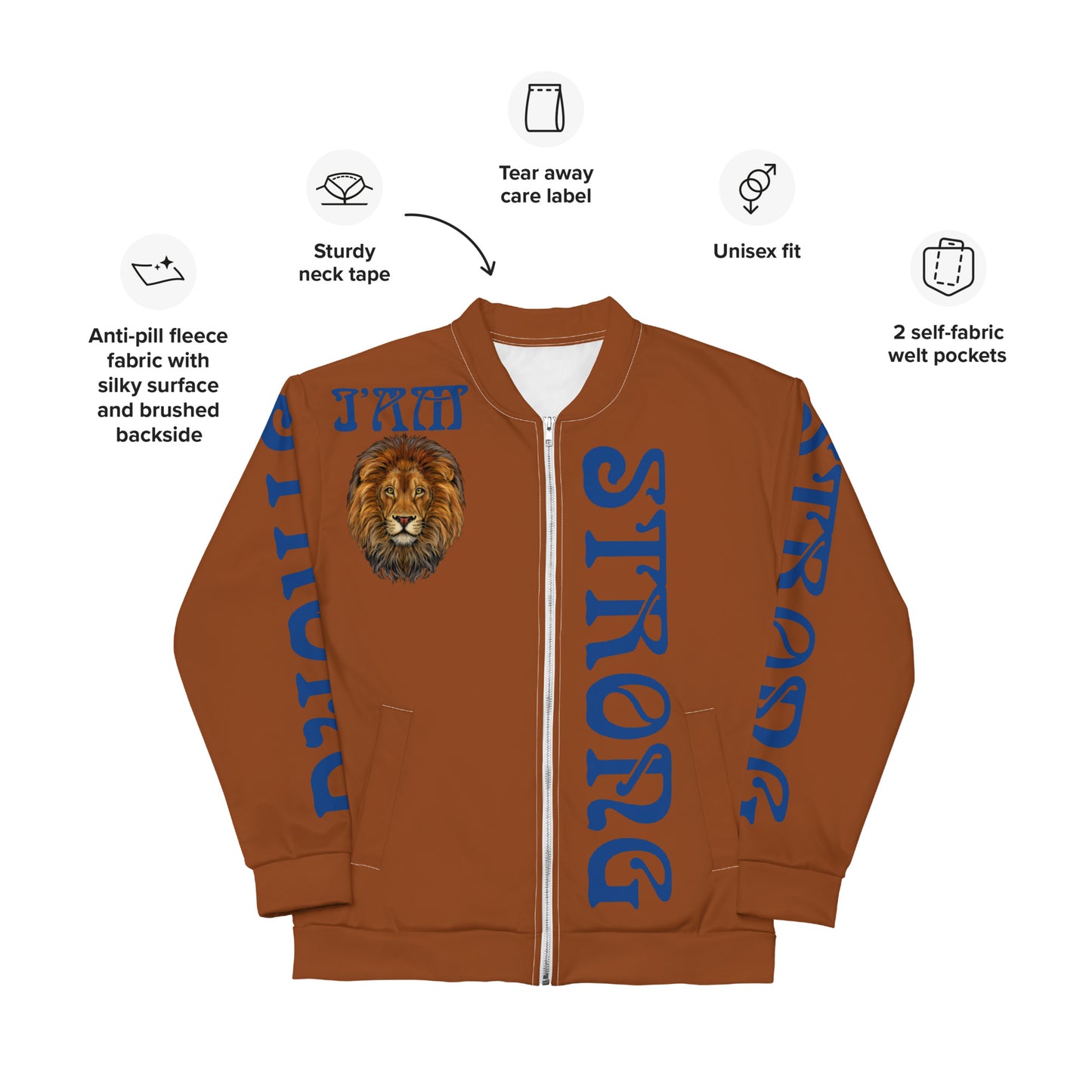 “I”AM STRONG”Brown Unisex Bomber Jacket W/Blue Font
