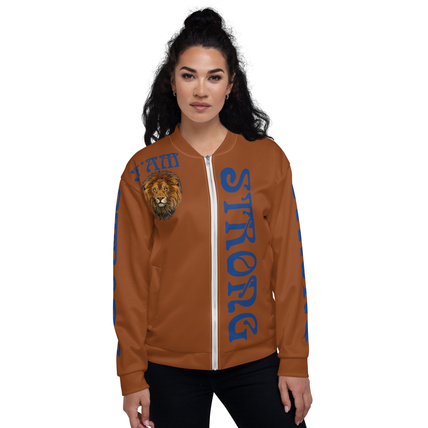 “I”AM STRONG”Brown Unisex Bomber Jacket W/Blue Font
