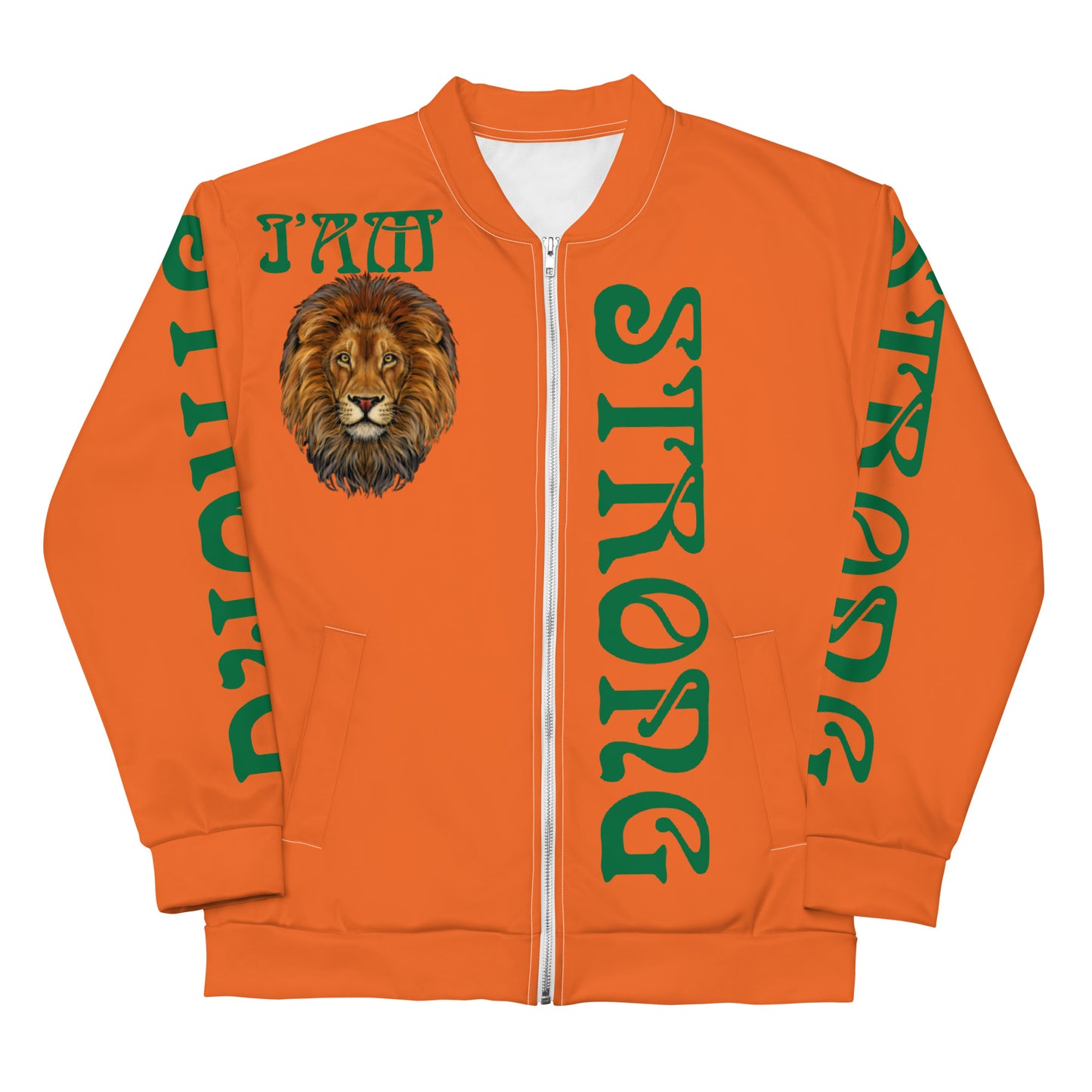 “I’AM STRONG”Orange Unisex Bomber Jacket W/Green Font