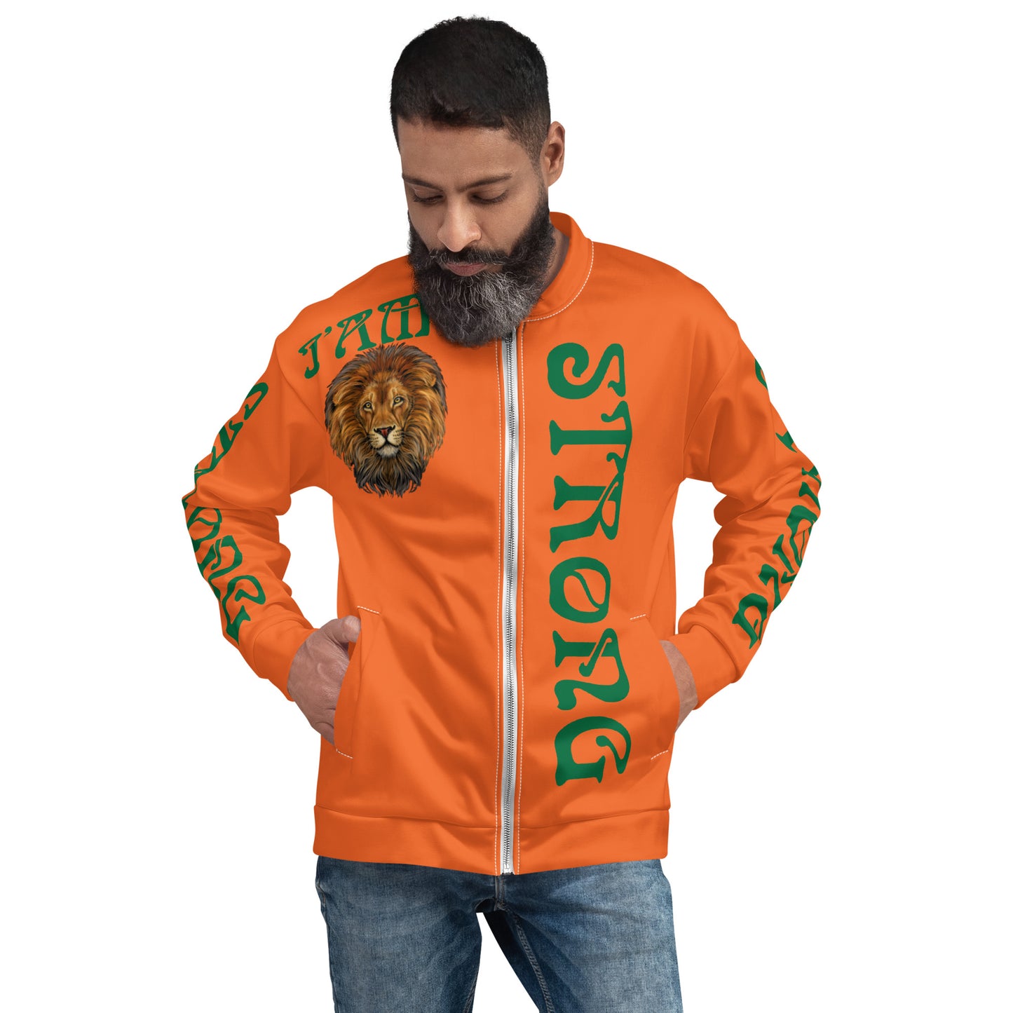 “I’AM STRONG”Orange Unisex Bomber Jacket W/Green Font
