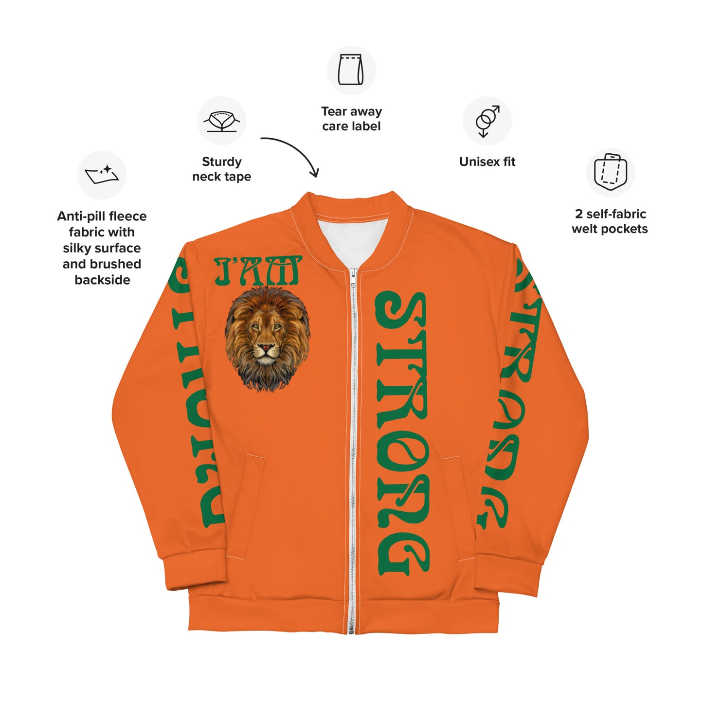 “I’AM STRONG”Orange Unisex Bomber Jacket W/Green Font