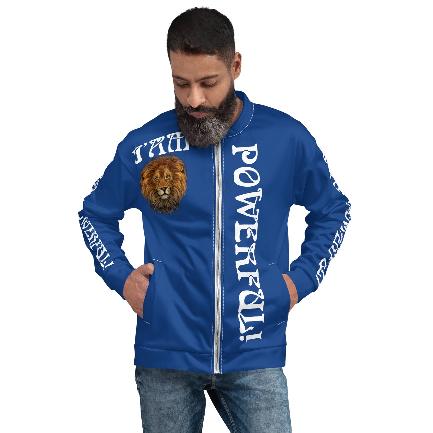 “POWERFUL!”Blue Unisex Bomber Jacket W/White Font