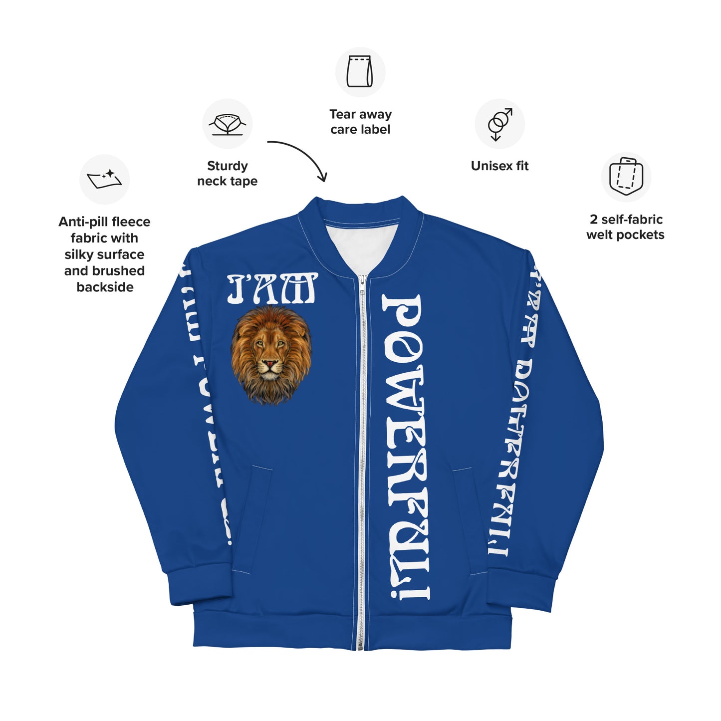 “POWERFUL!”Blue Unisex Bomber Jacket W/White Font
