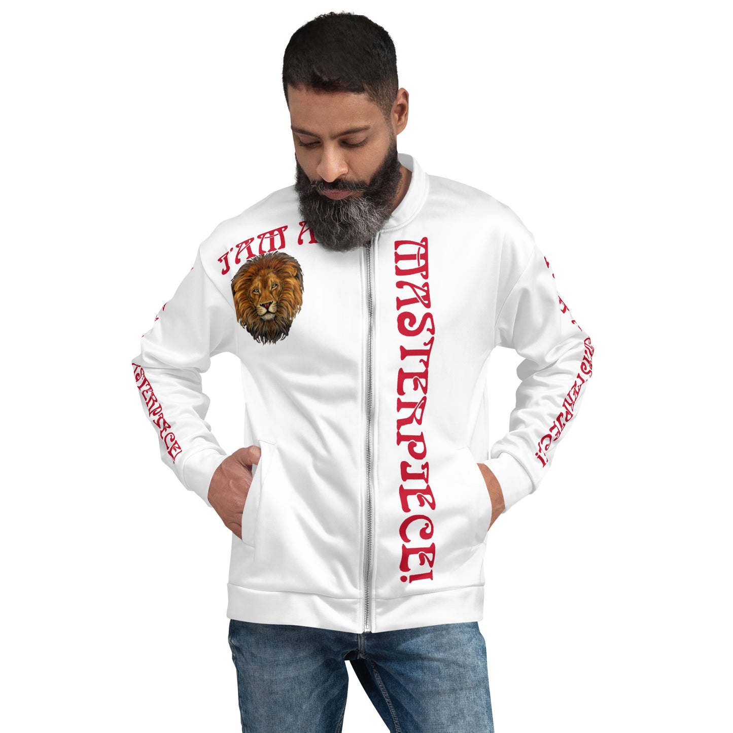 “IAM A MASTERPIECE!”White Unisex Bomber Jacket W/Red Font