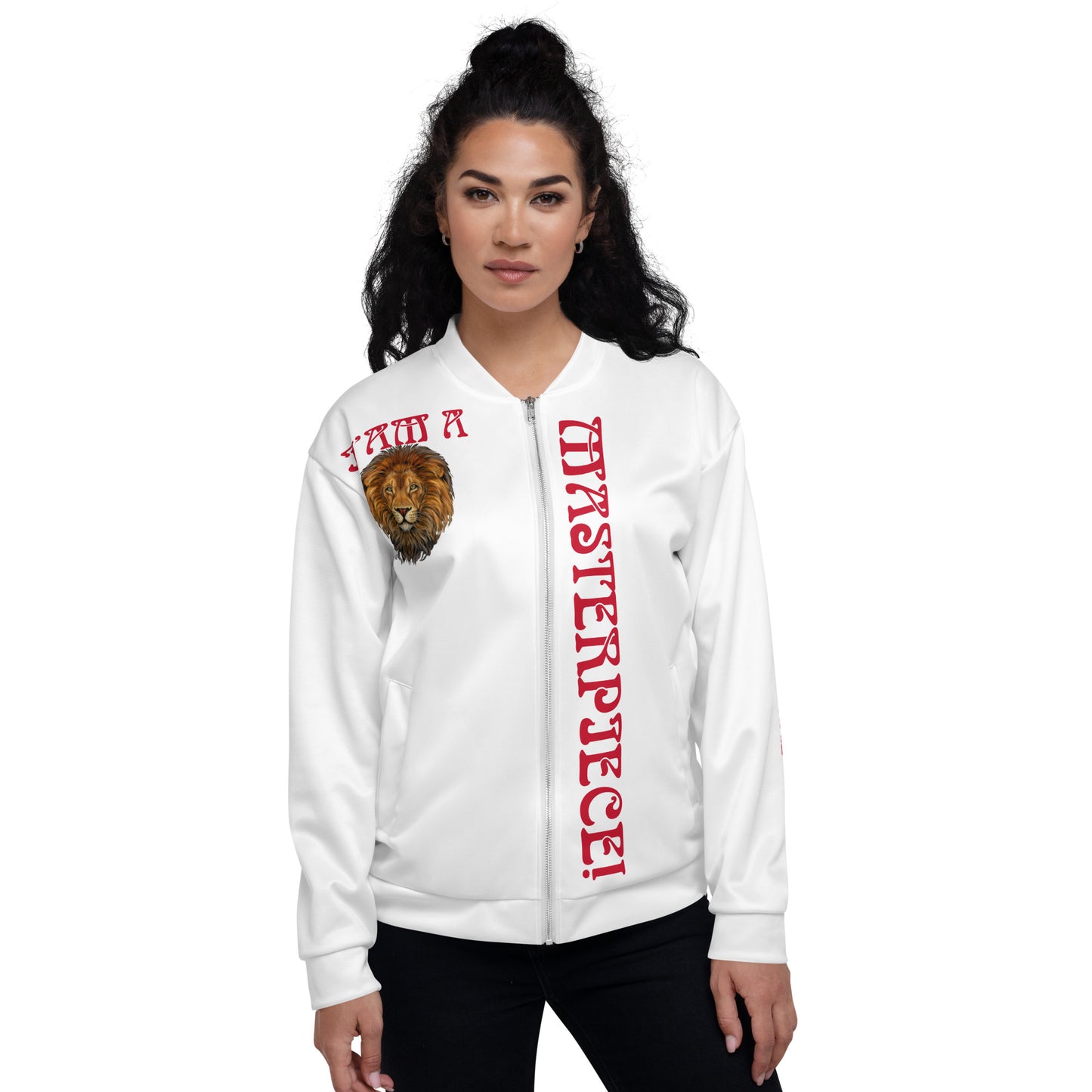 “IAM A MASTERPIECE!”White Unisex Bomber Jacket W/Red Font