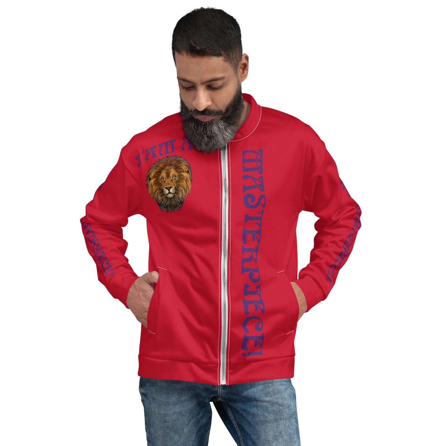 “IAM A MASTERPIECE!"Red Unisex Bomber Jacket W/Purple Font