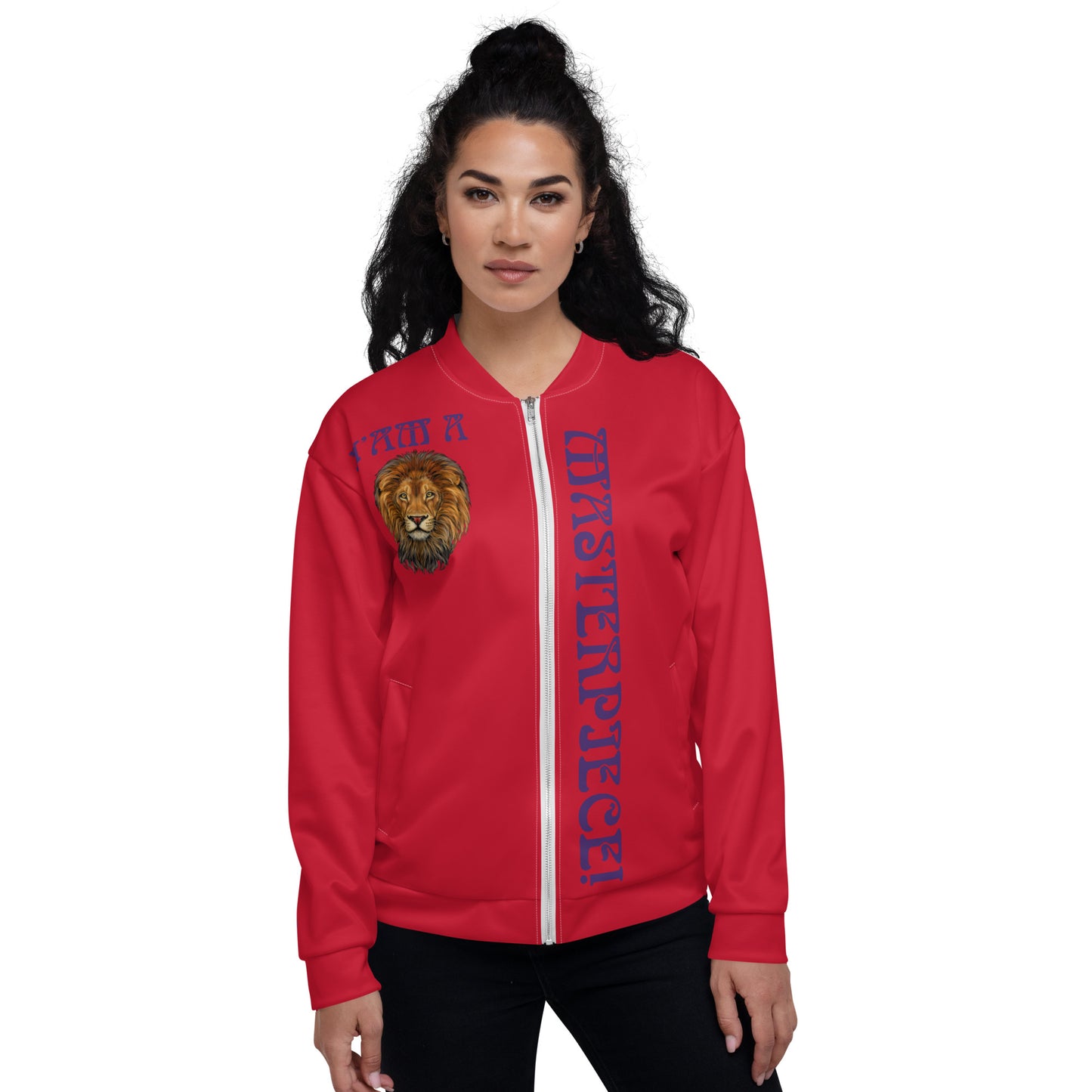 “IAM A MASTERPIECE!"Red Unisex Bomber Jacket W/Purple Font