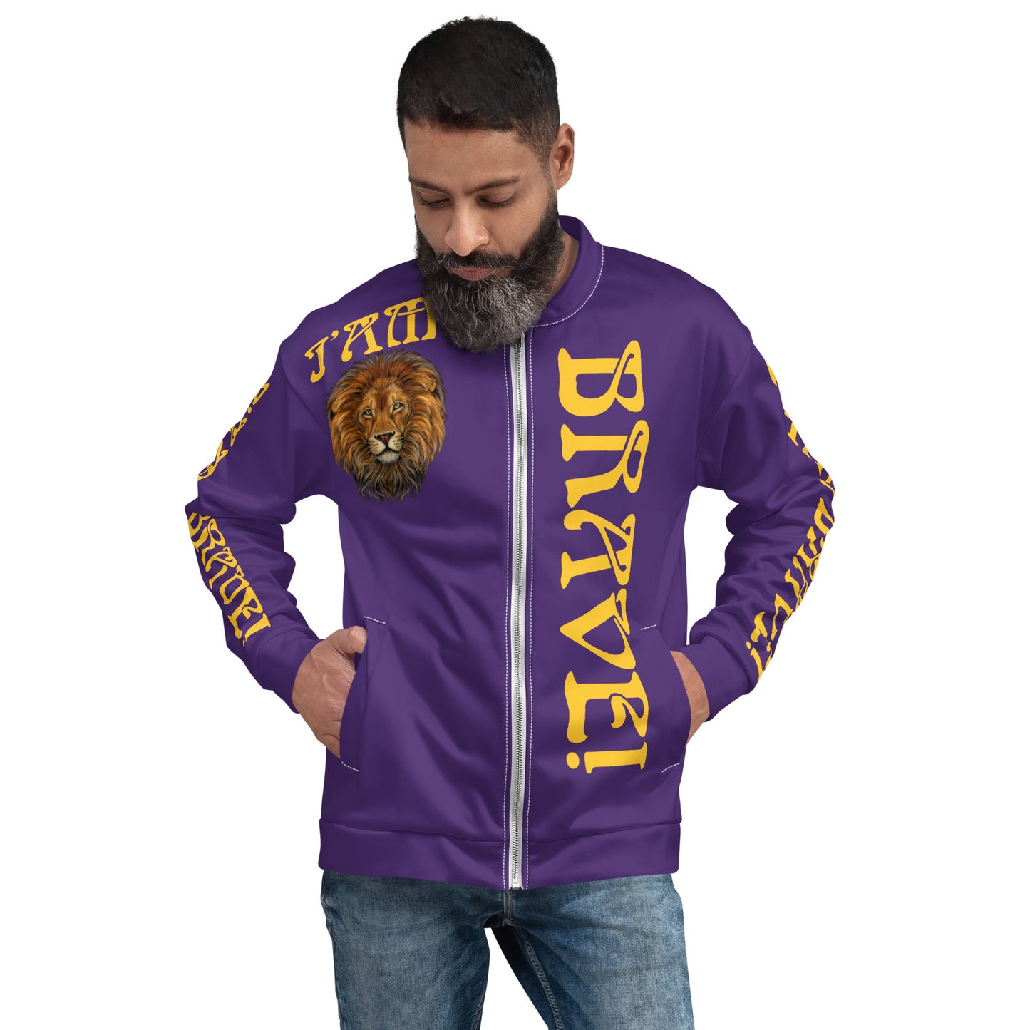 “IAM BRAVE!”Purple Unisex Bomber Jacket W/Yellow Font
