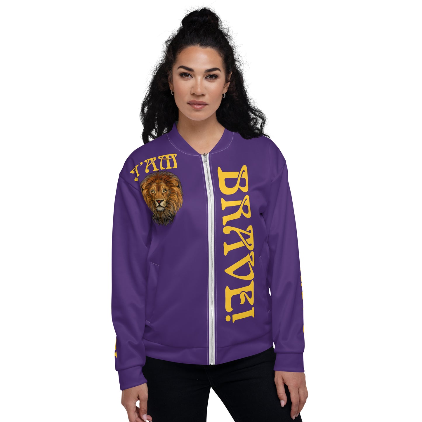 “IAM BRAVE!”Purple Unisex Bomber Jacket W/Yellow Font