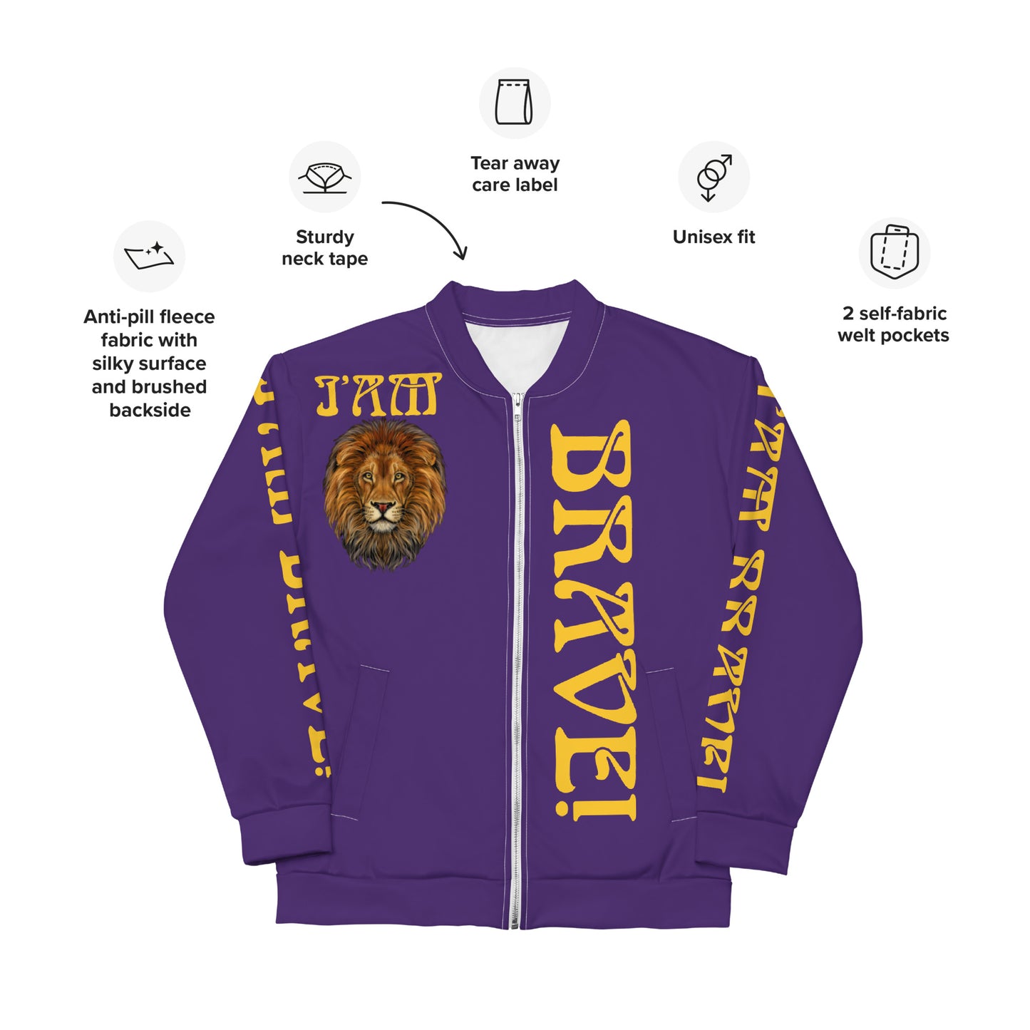 “IAM BRAVE!”Purple Unisex Bomber Jacket W/Yellow Font