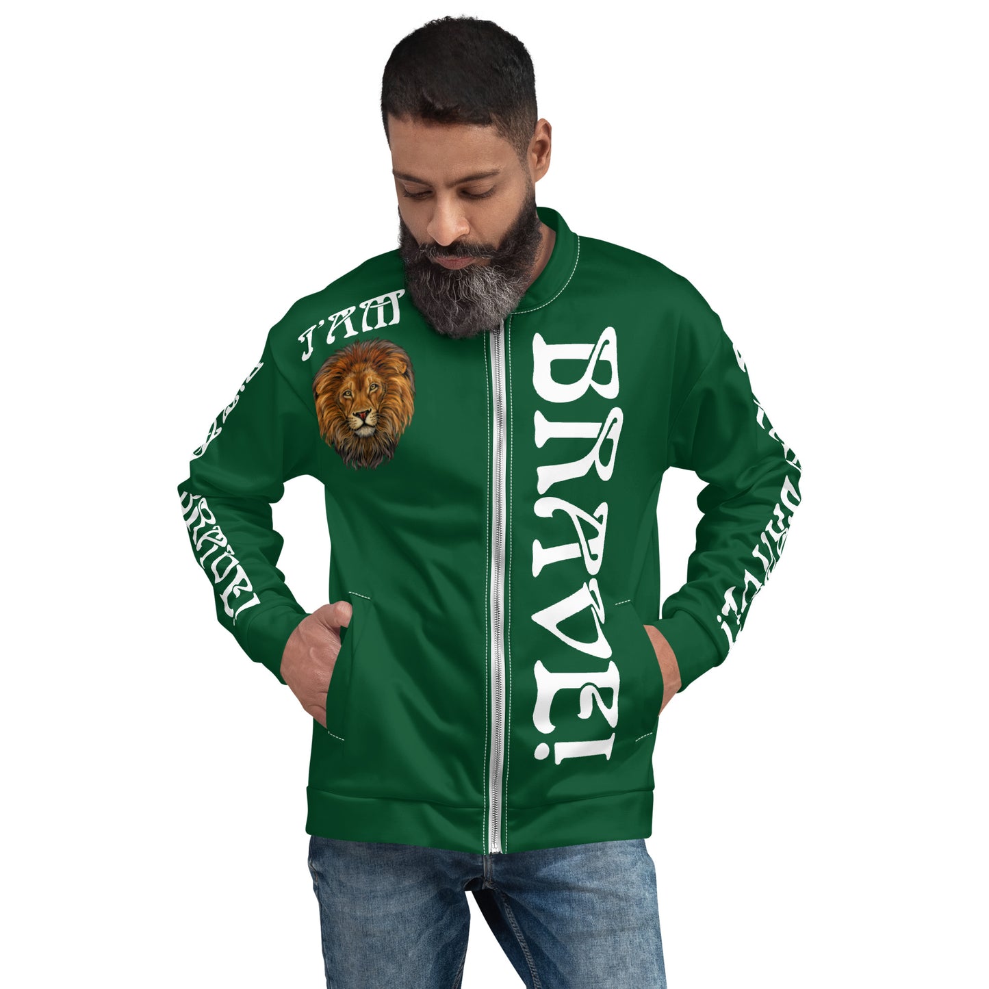 “IAM BRAVE!”Green Unisex Bomber Jacket W/White Font